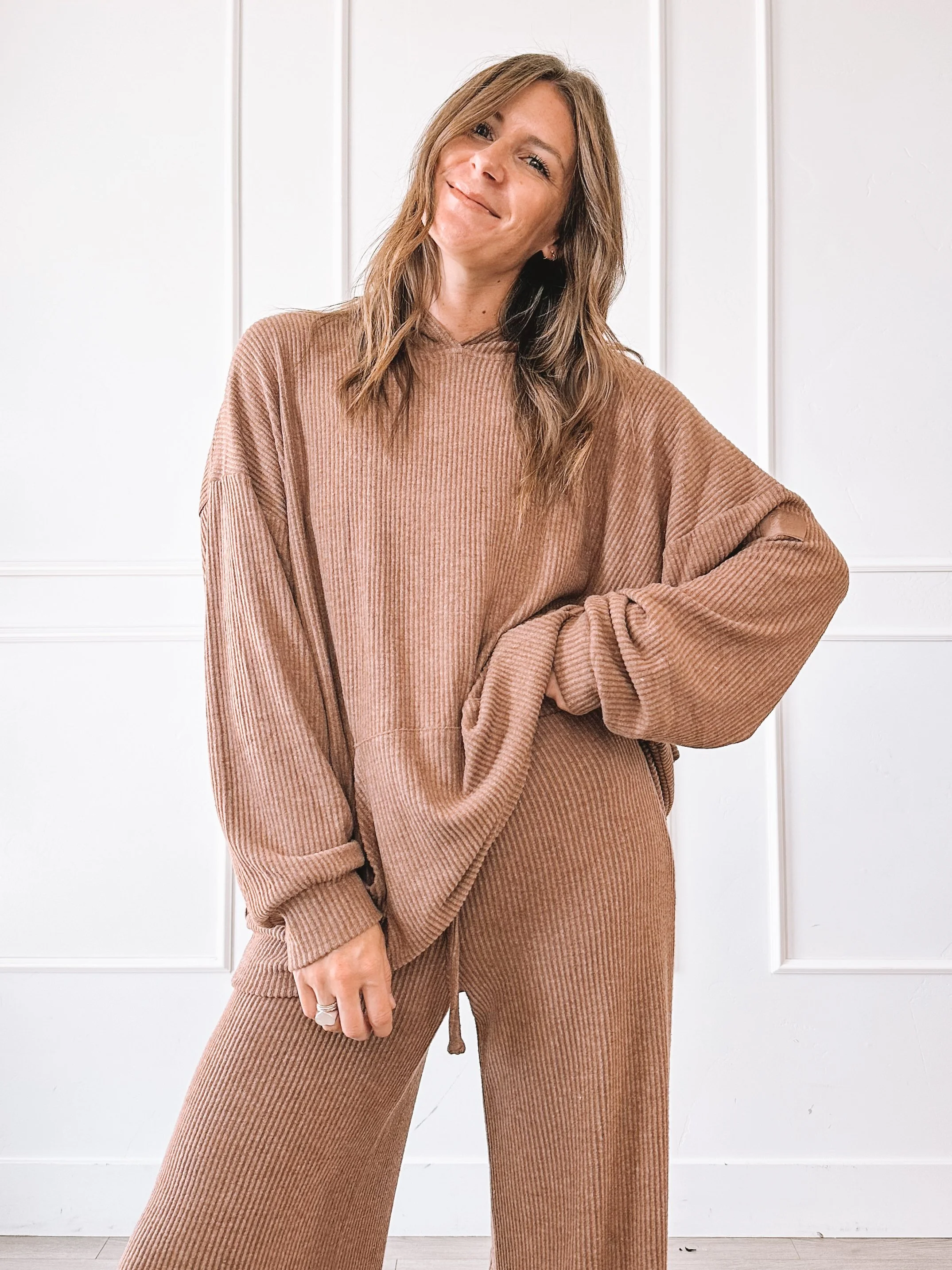 Oversized Ribbed Lounge Set With Wide Leg Pants