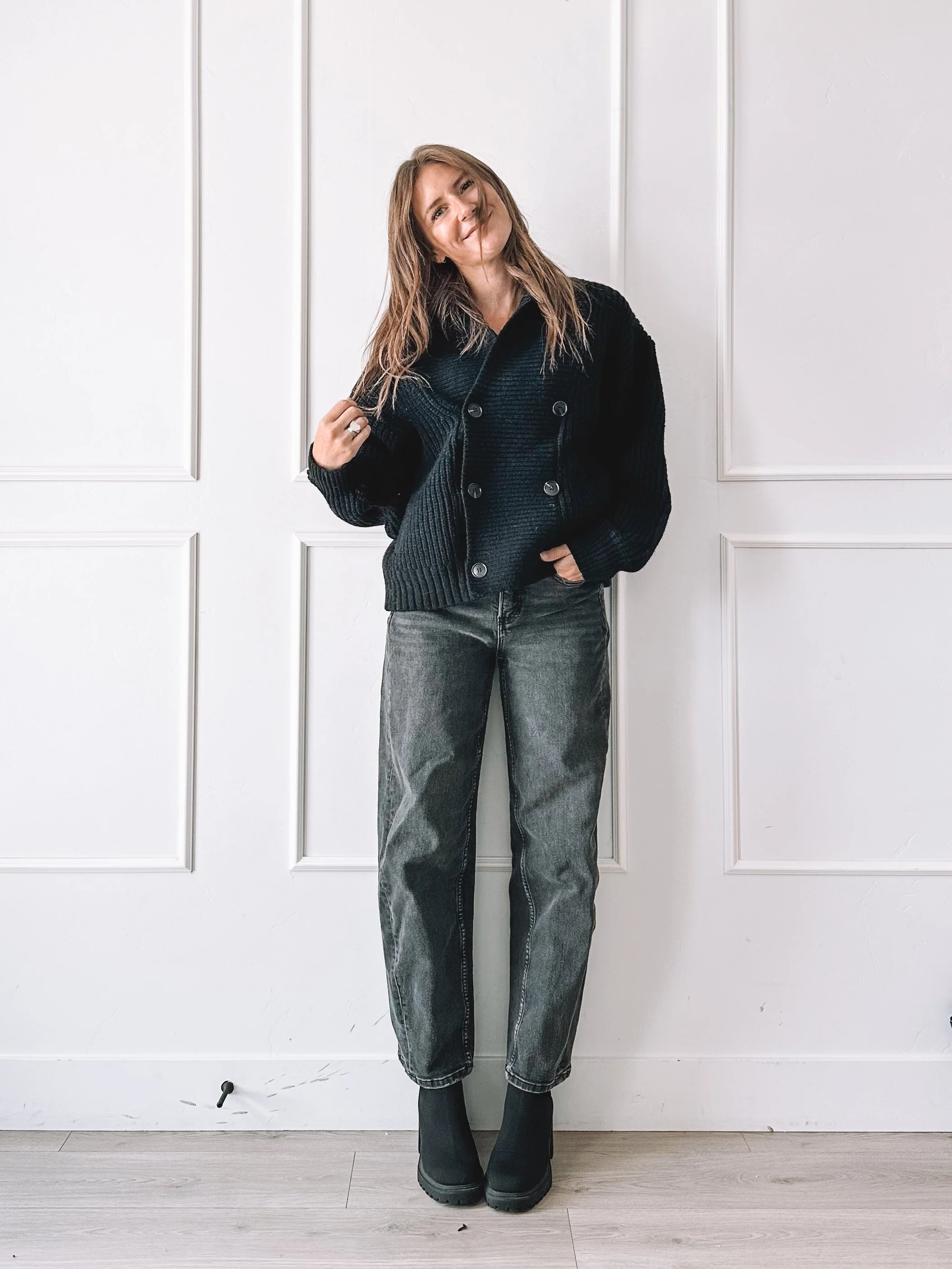 Black Double Breasted Cardigan Outfit