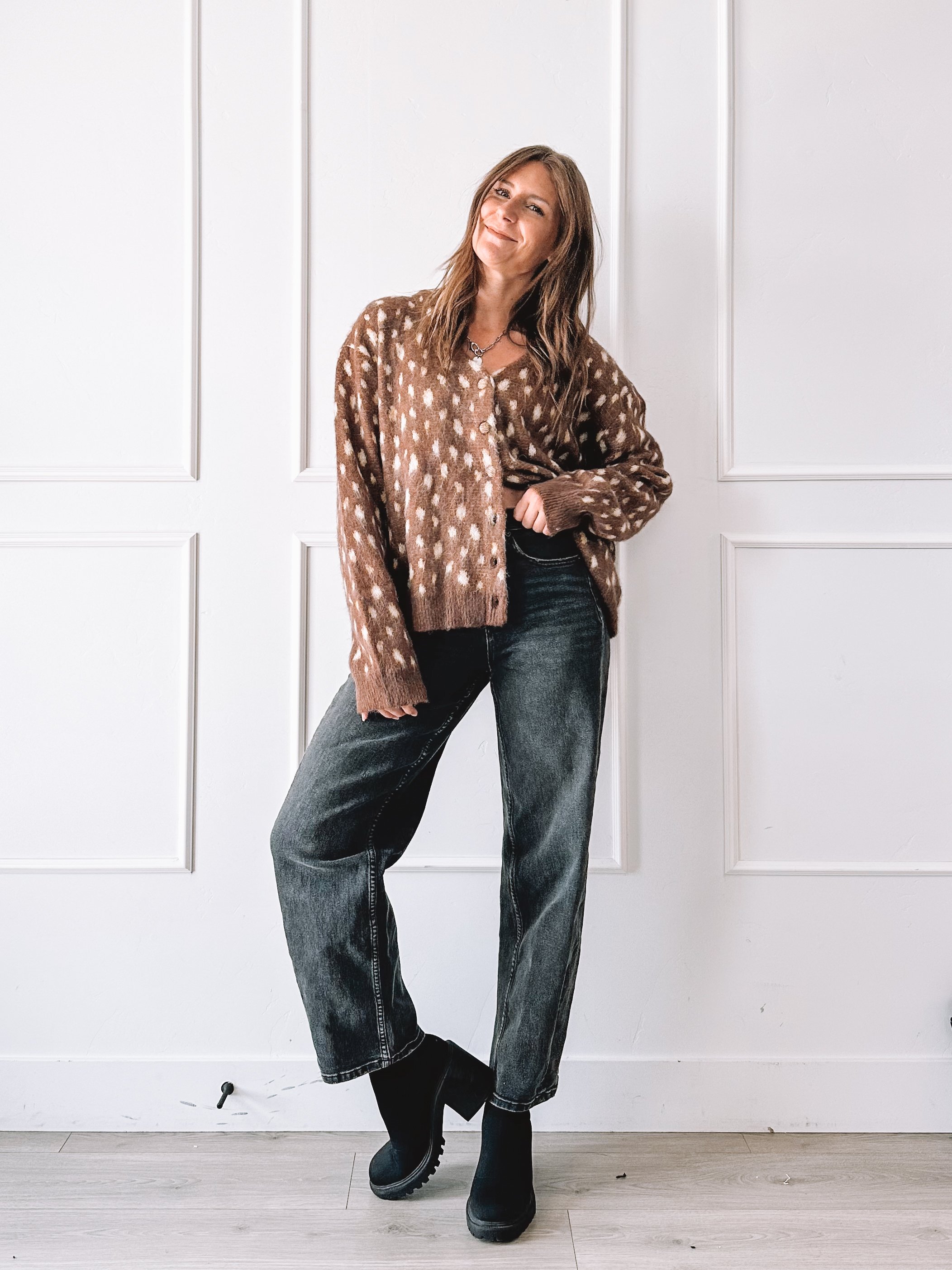 Brown Animal Print Fuzzy Cardigan Outfit