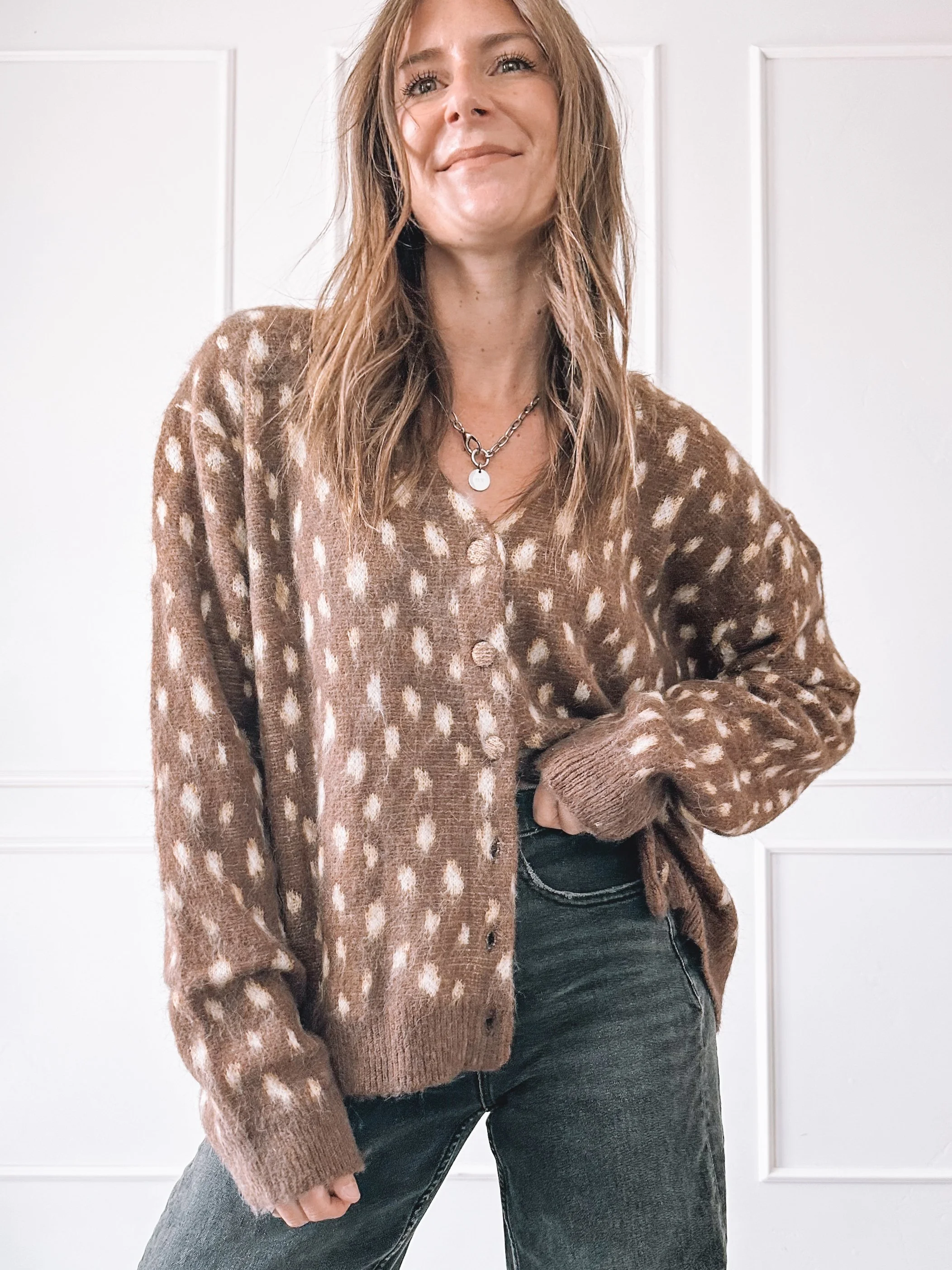 Brown Animal Print Fuzzy Cardigan Outfit