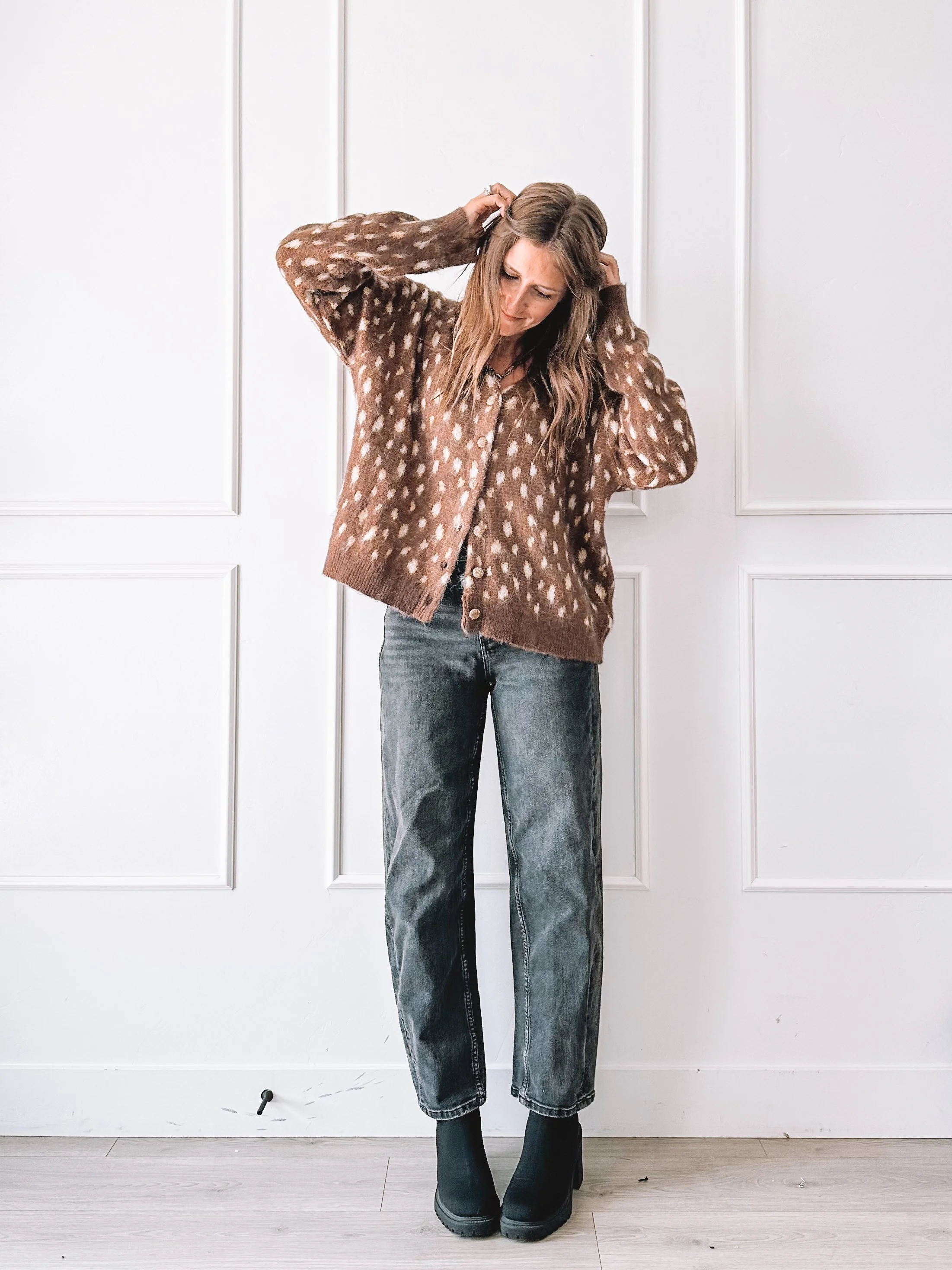 Brown Animal Print Fuzzy Cardigan Outfit