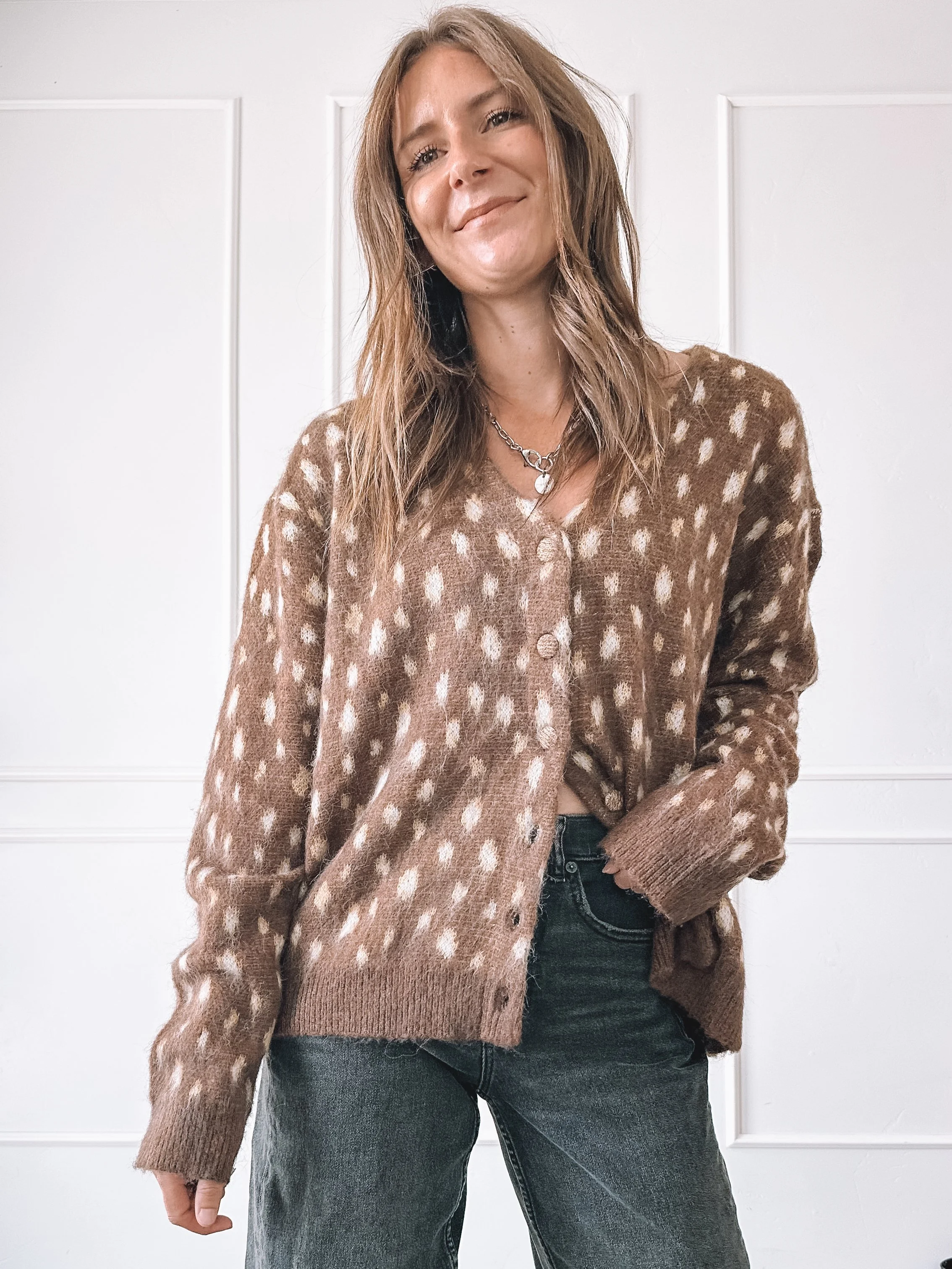 Brown Animal Print Fuzzy Cardigan Outfit