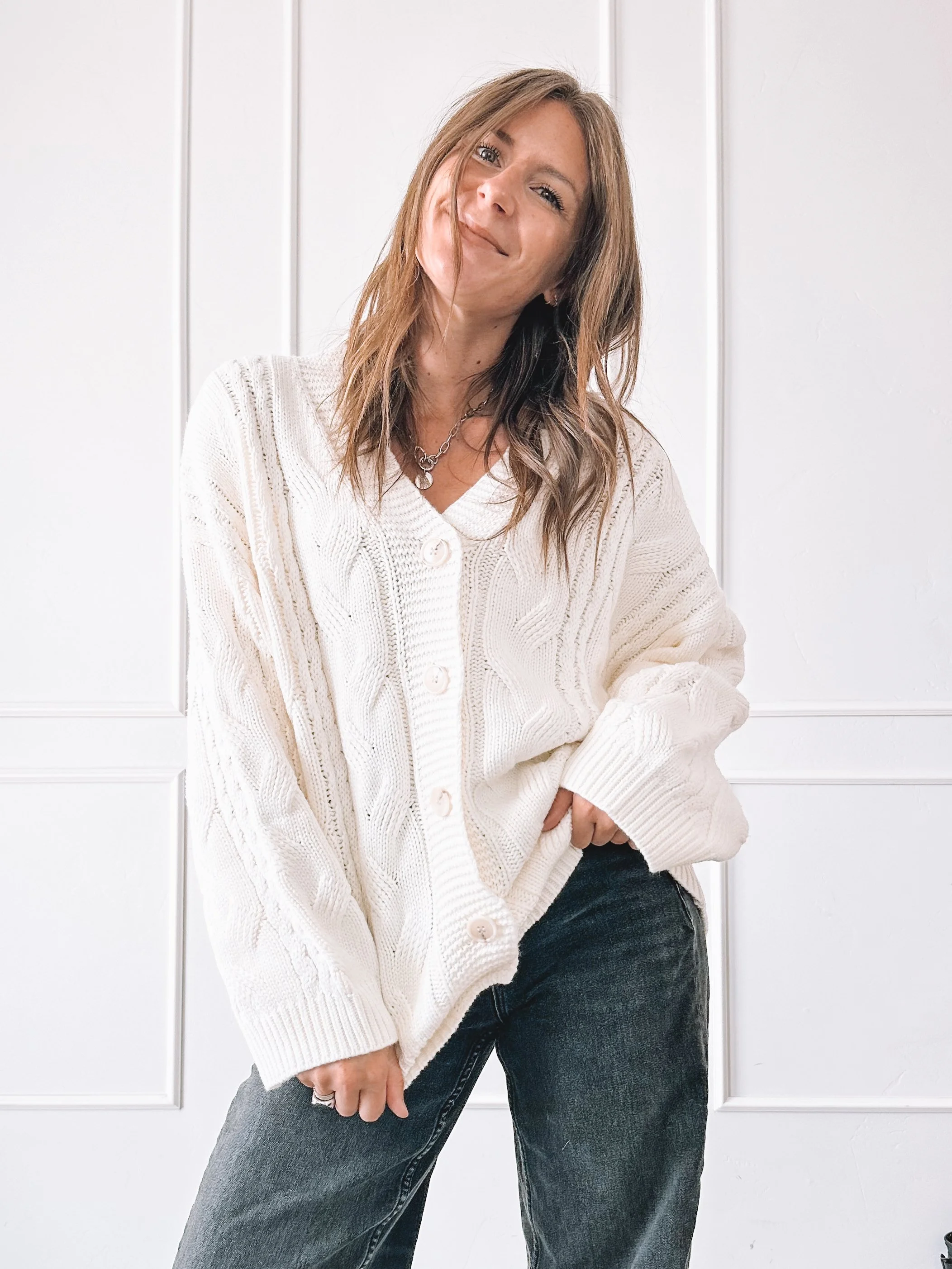 Ivory Cable Knit Cardigan Fall Outfit