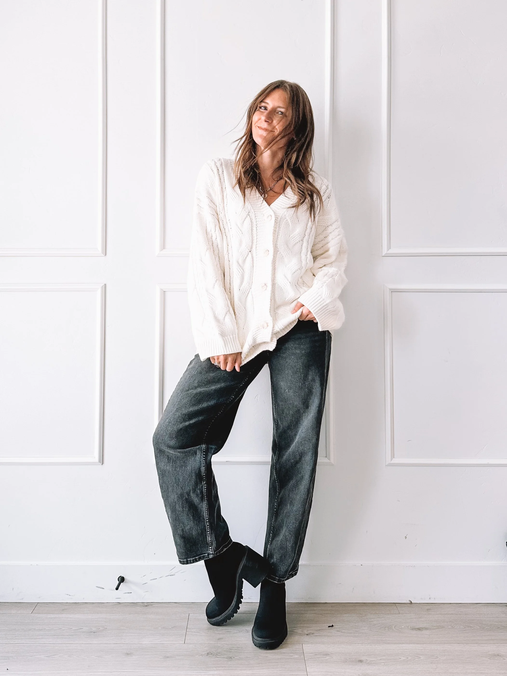 Ivory Cable Knit Cardigan Fall Outfit