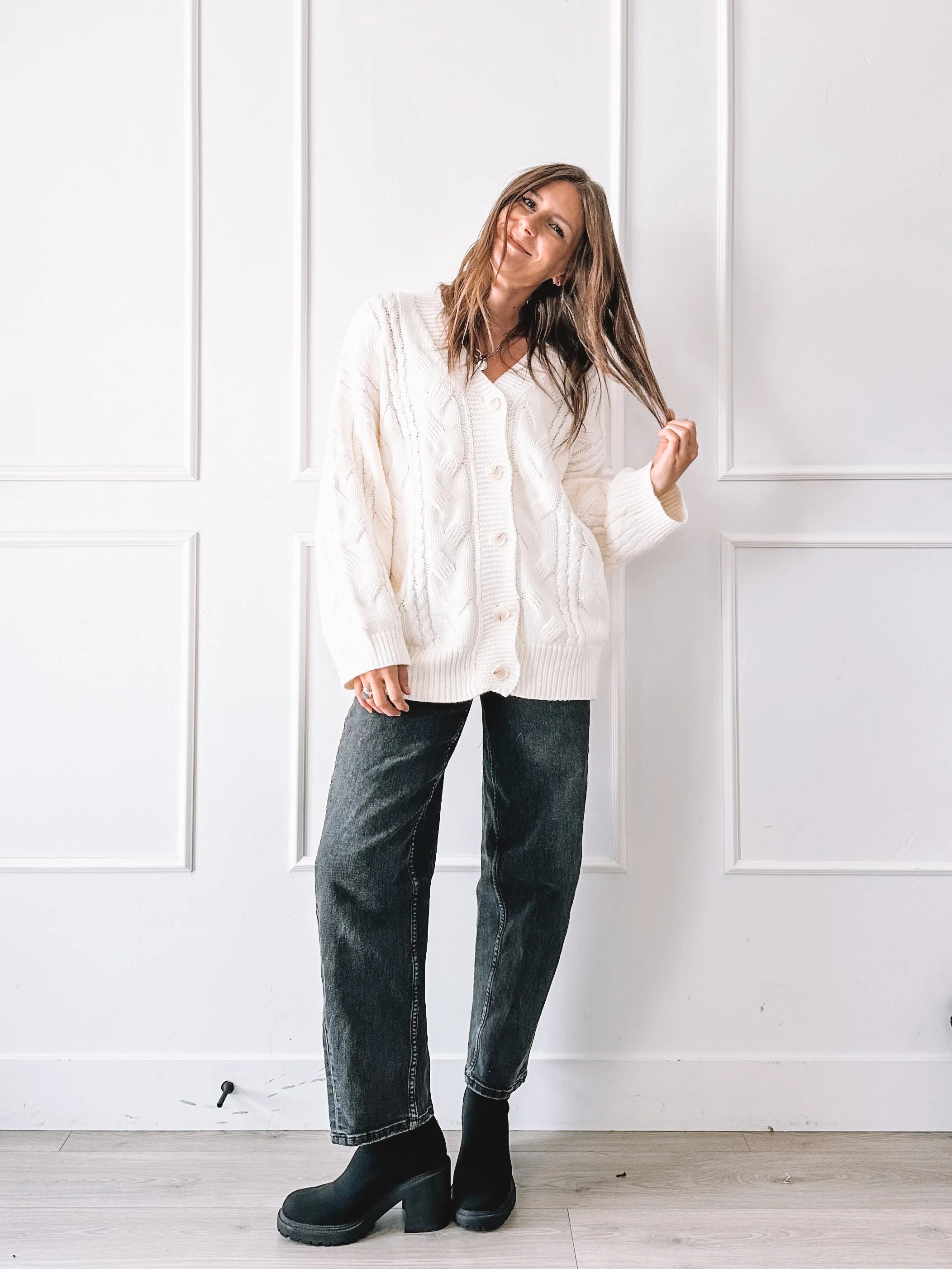 Ivory Cable Knit Cardigan Fall Outfit