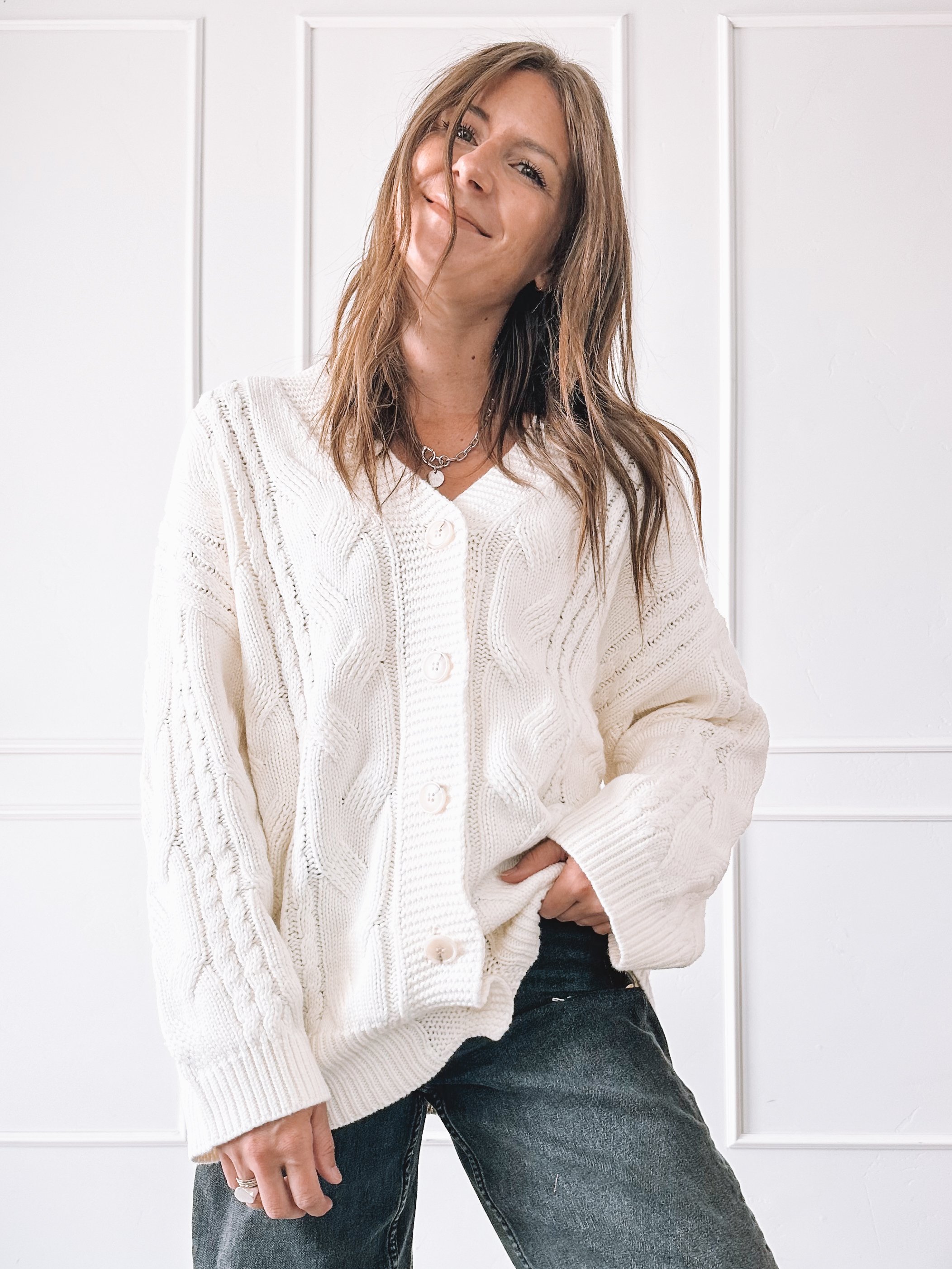 Ivory Cable Knit Cardigan Fall Outfit