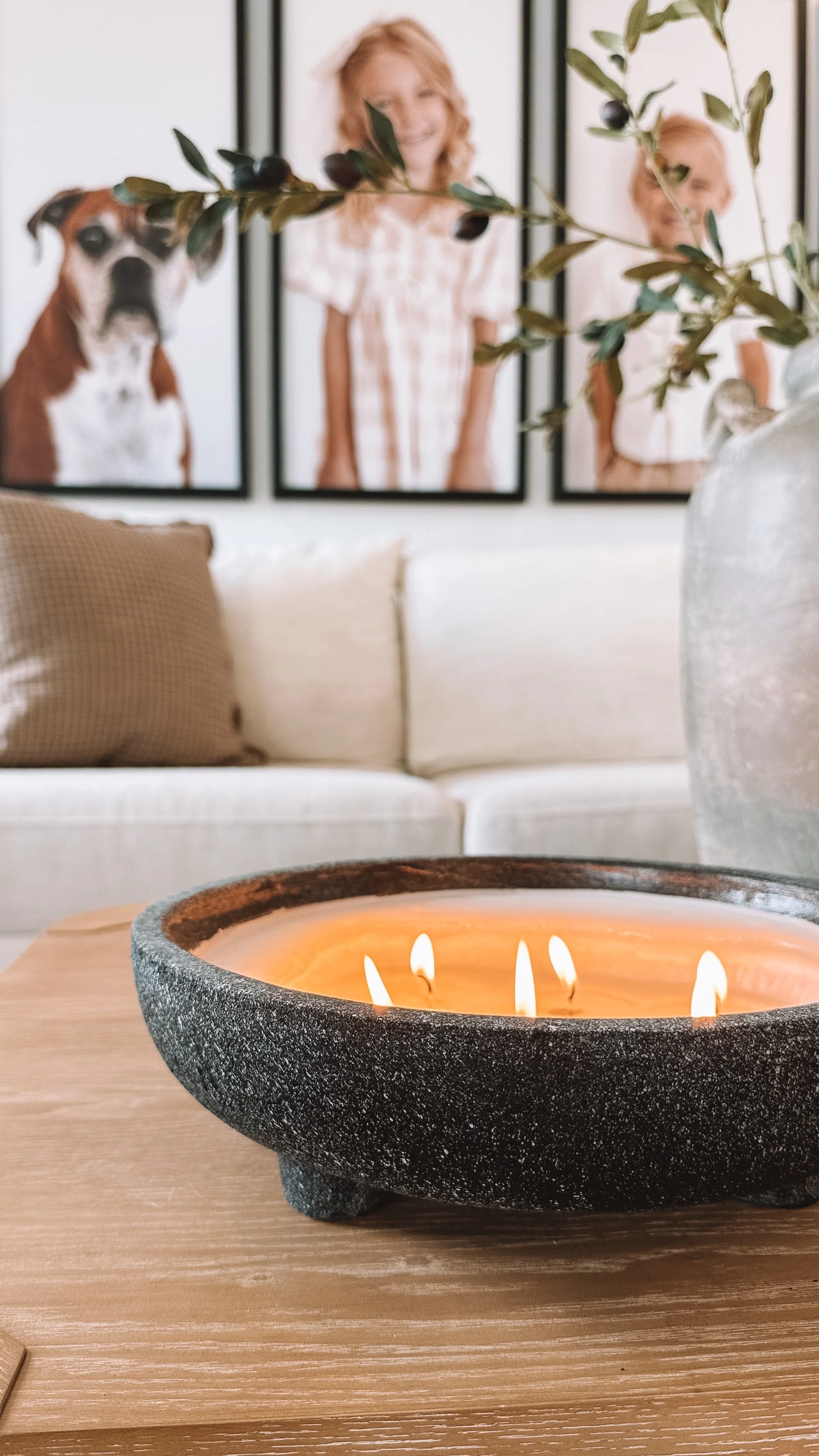 Large Multi Wick Candle In Stone Bowl
