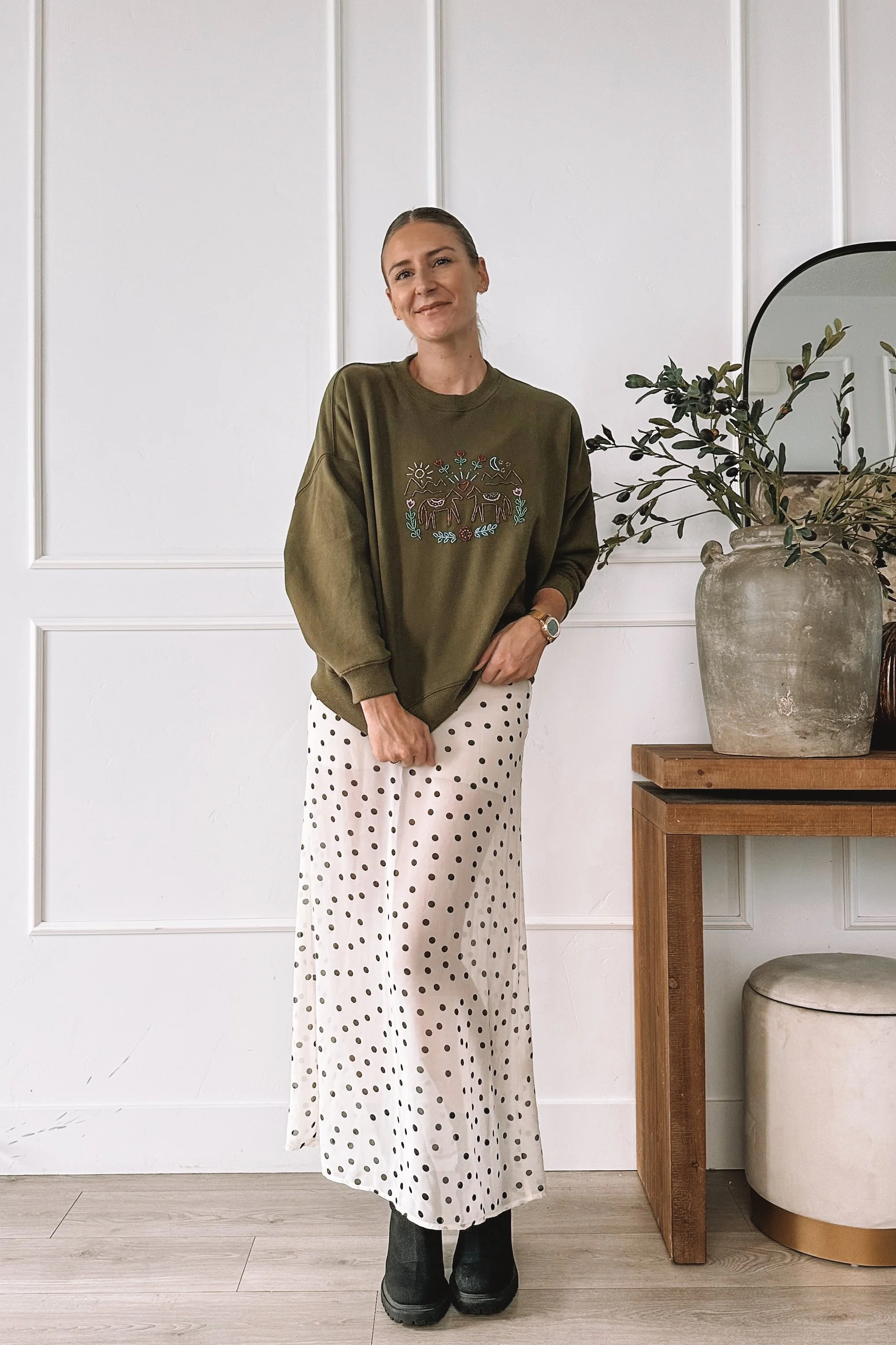 Embroidered Sweatshirt With Polka Dot Skirt Fall Outfit