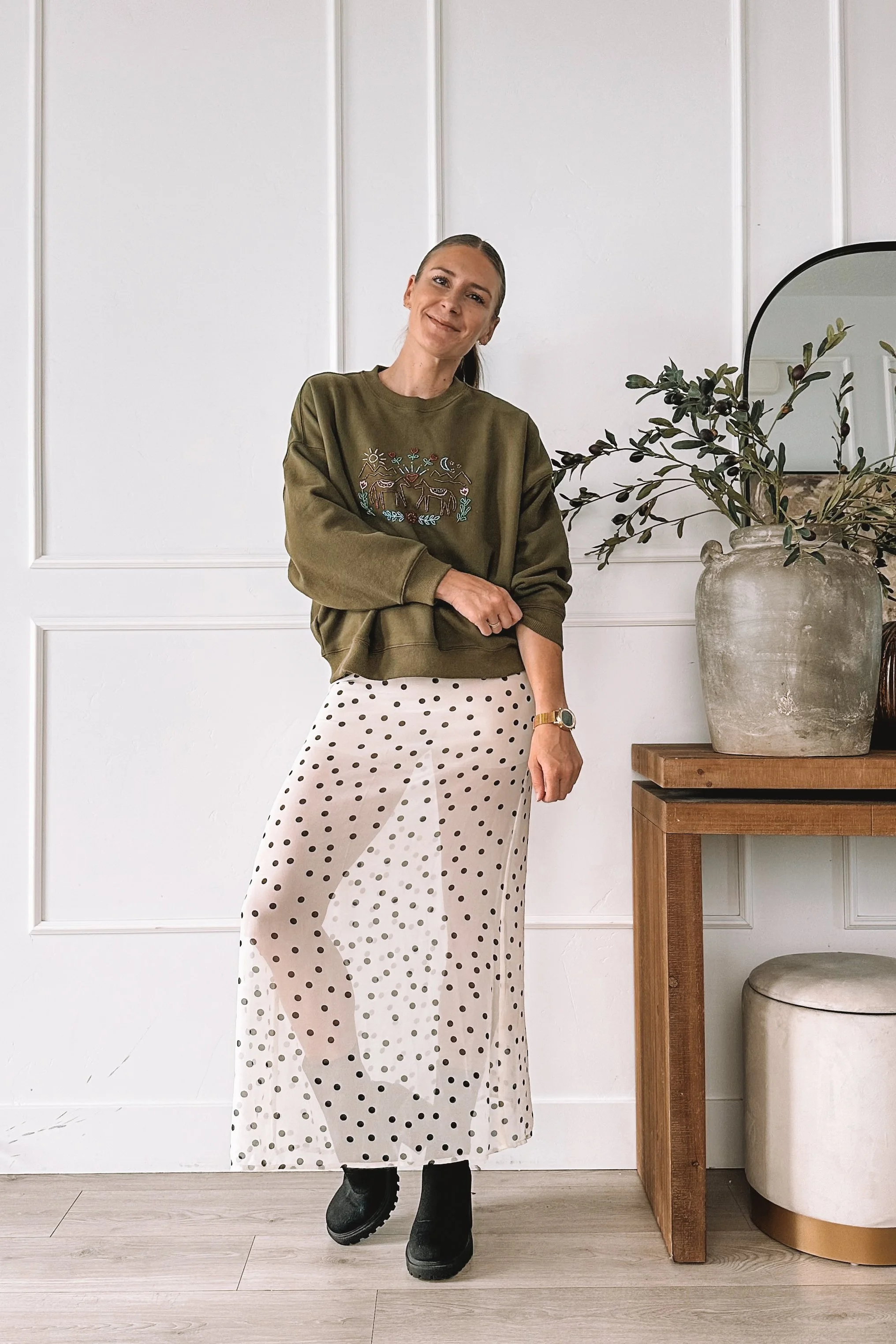 Embroidered Sweatshirt With Polka Dot Skirt Fall Outfit
