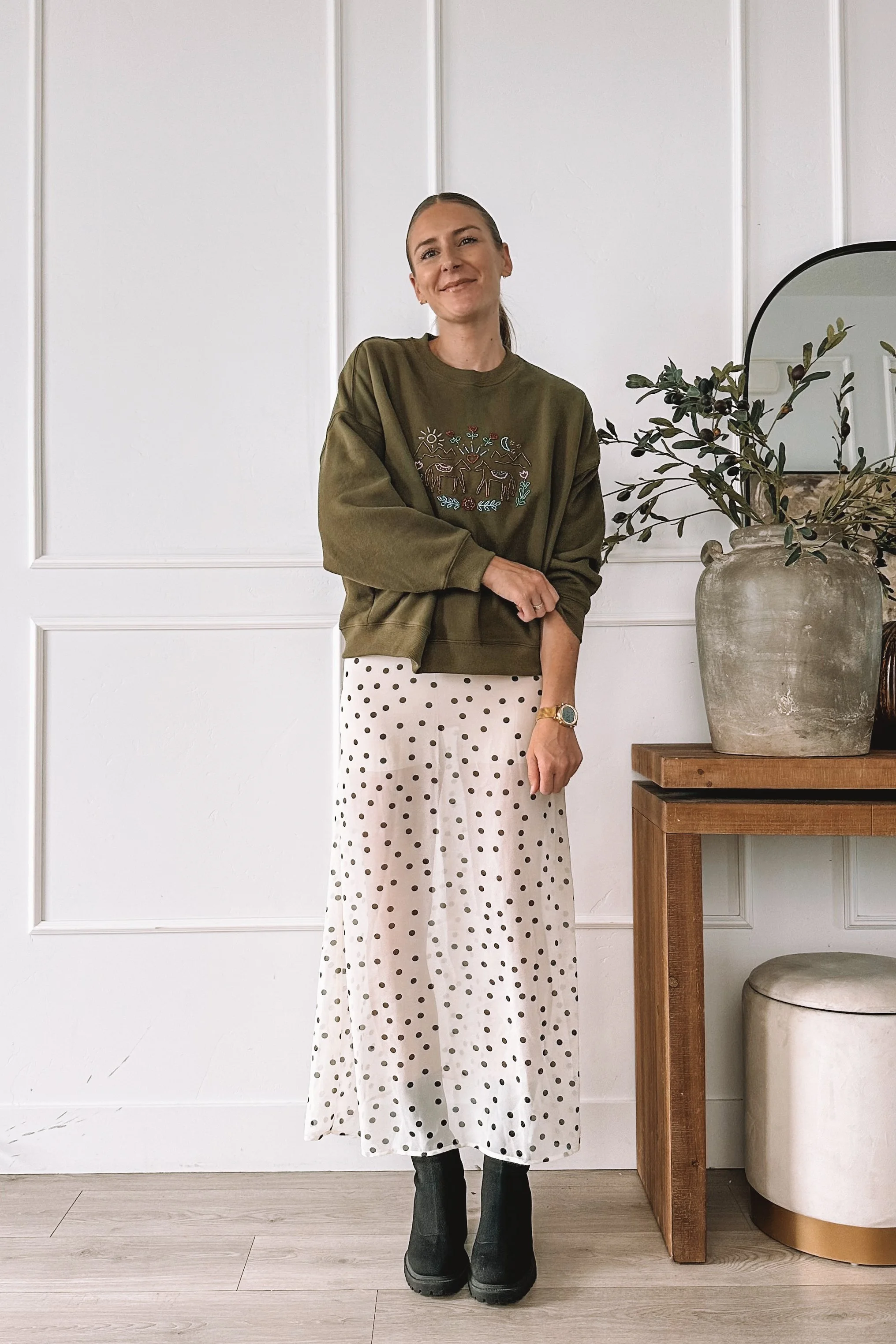 Embroidered Sweatshirt With Polka Dot Skirt Fall Outfit