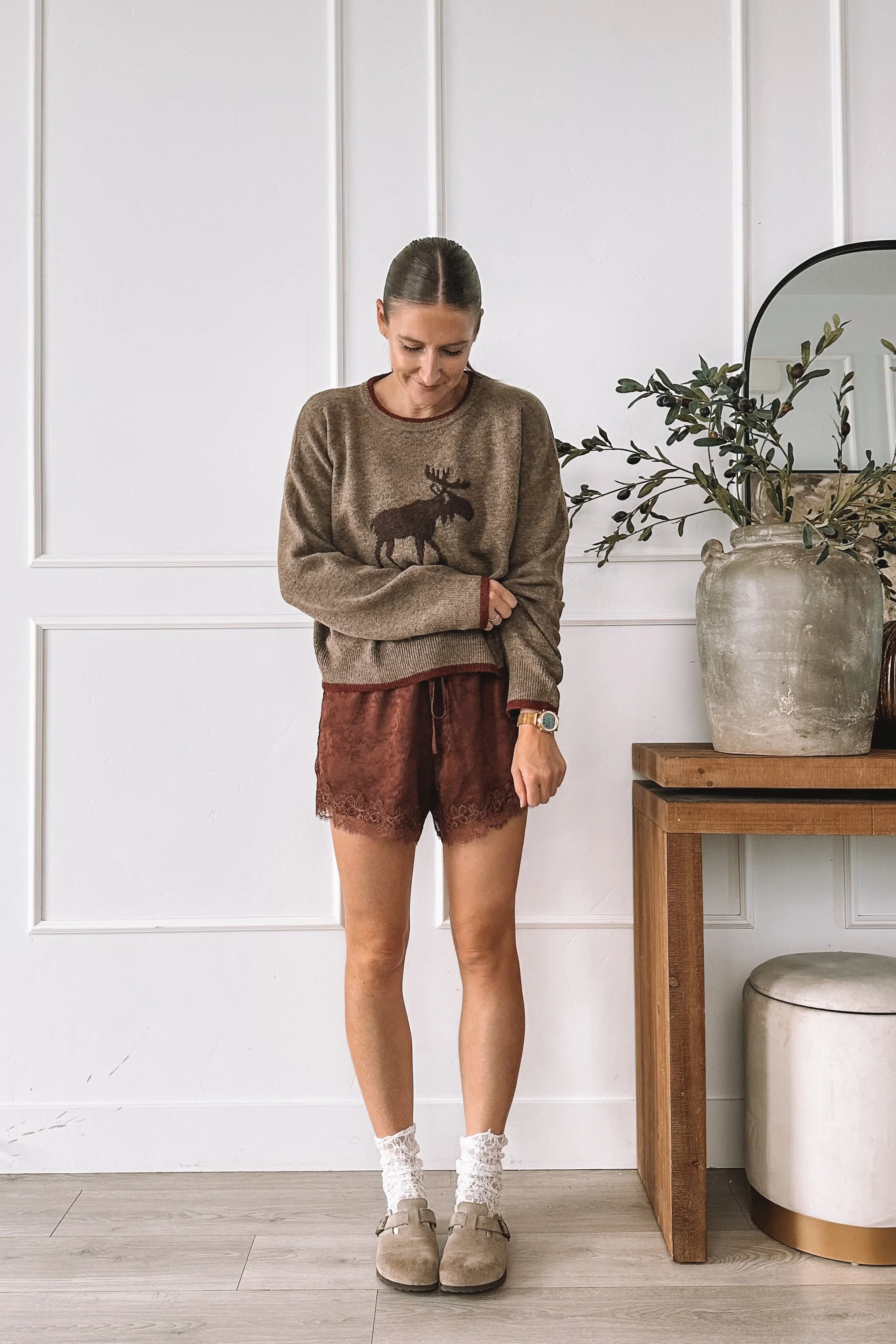 Moose Sweater With Lace Shorts Fall Outfit