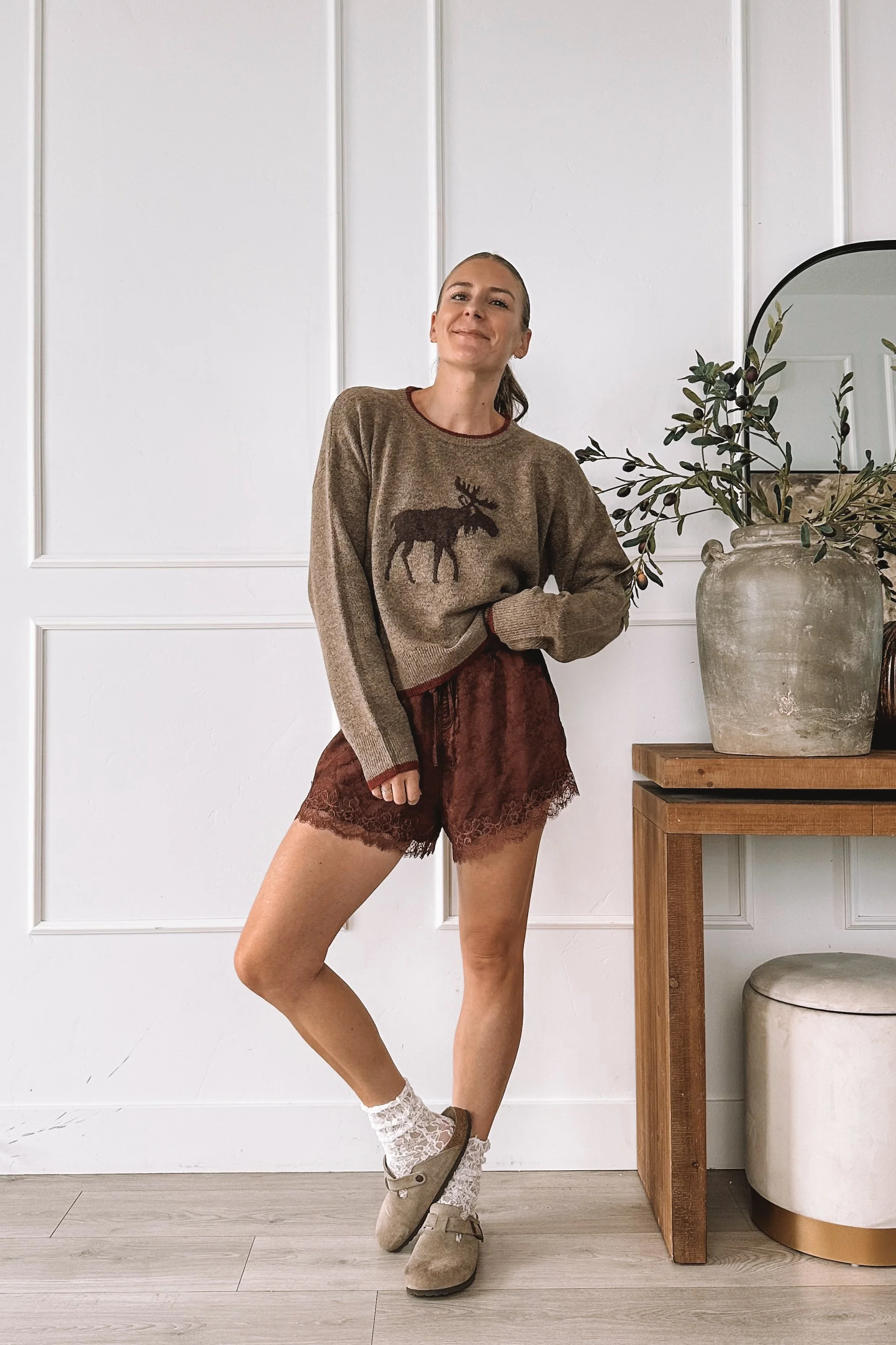 Moose Sweater With Lace Shorts Fall Outfit