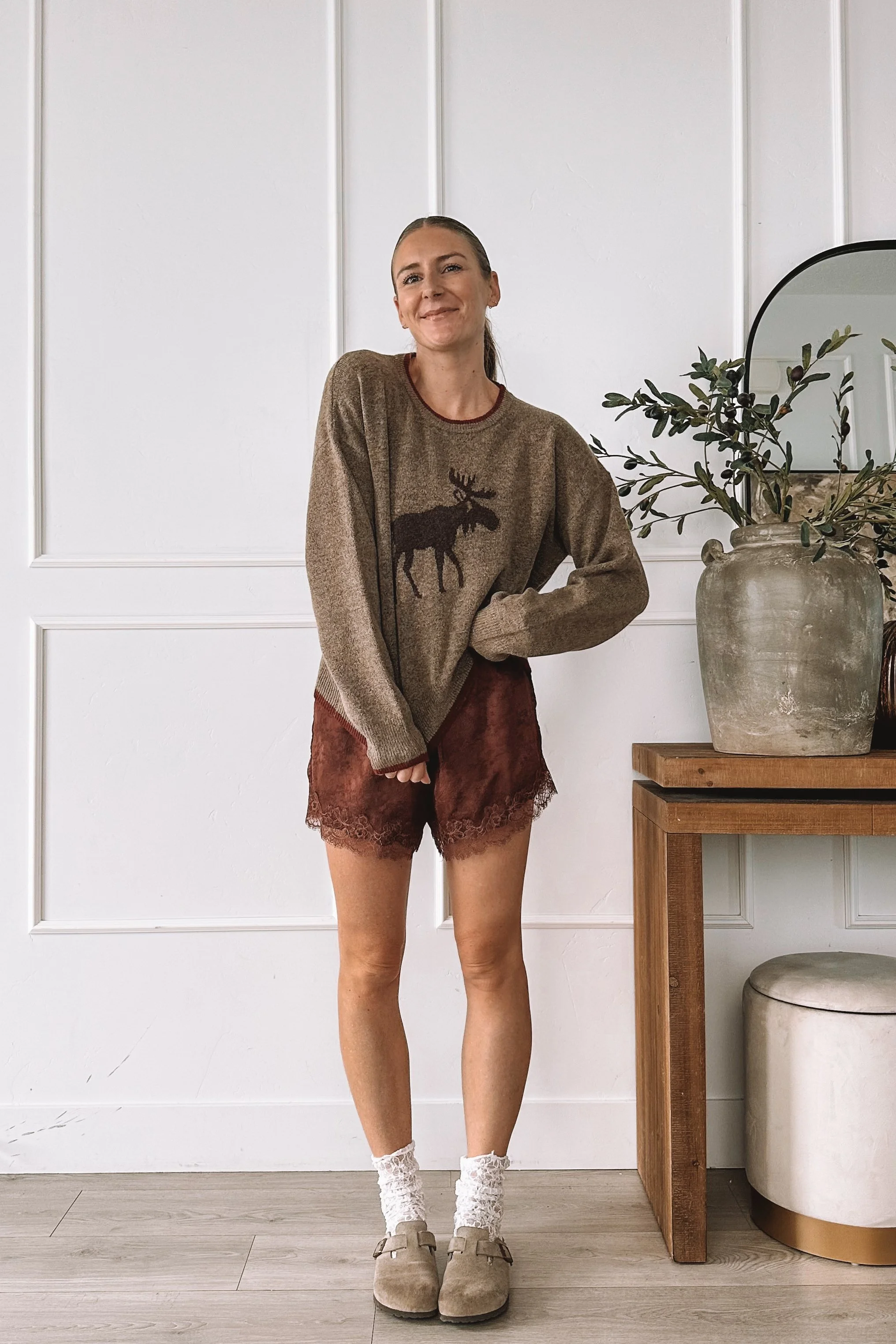 Moose Sweater With Lace Shorts Fall Outfit