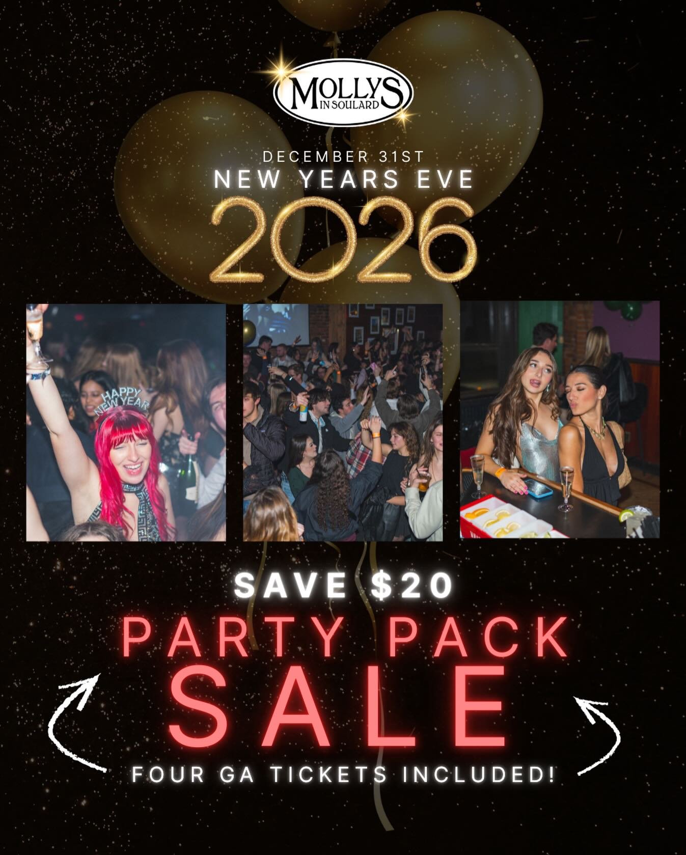 Save $20 on your GA NYE 2026 tickets with a party pack for 4! 🎉 

Ticket link in our bio! Tickets are also available in venue, avoid the eventbrite fees!

Still thinking about VIP? Email events@mollysinsoulard.com!

#stlnye #nye2026 #stlnightlife