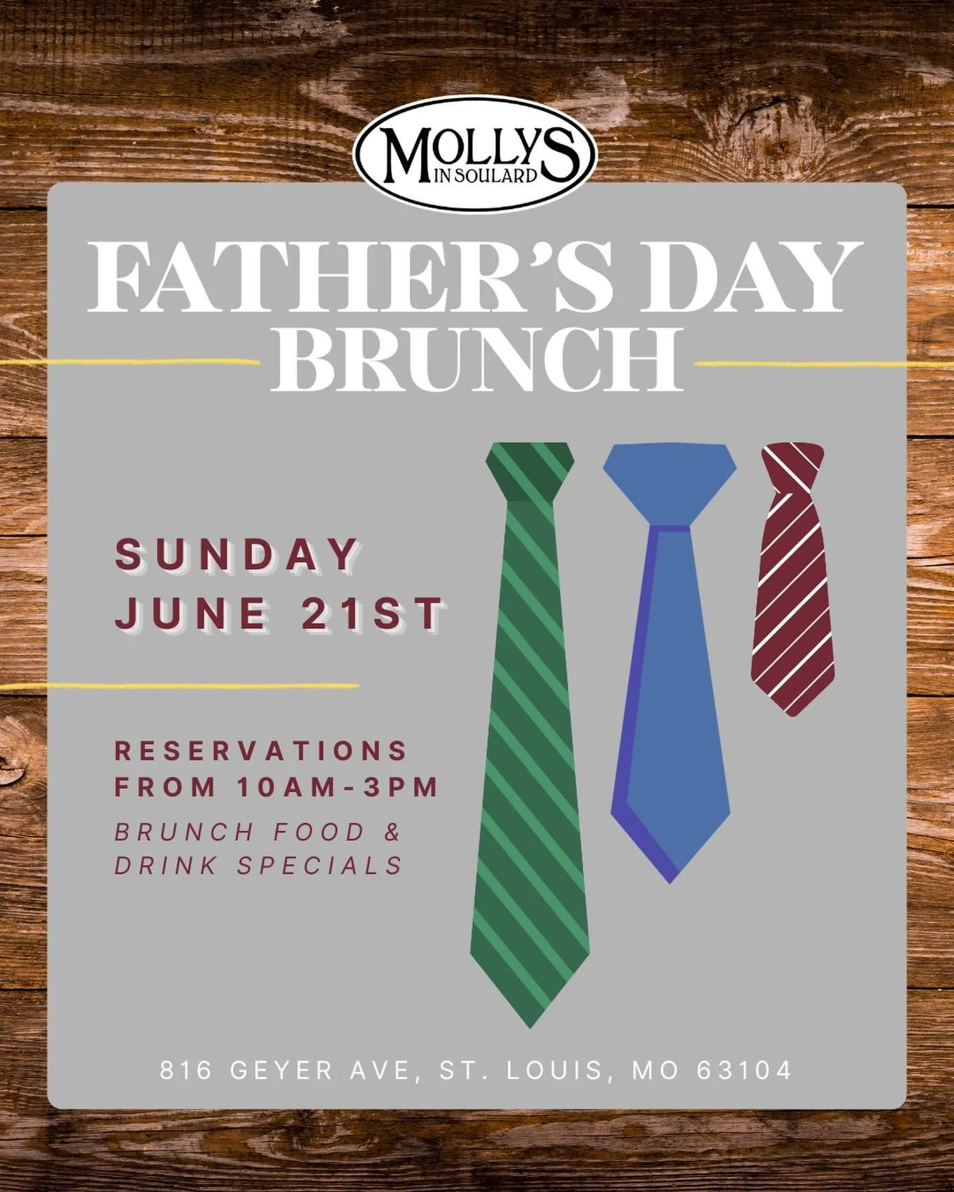Bring Dad and the family to Molly&rsquo;s for a delicious brunch to celebrate Father&rsquo;s Day! Enjoy drink and food specials out on our beautiful patio!

Brunch is served 10am-6pm - reservations are highly encouraged - link in our bio! ☂️ 

#fathe