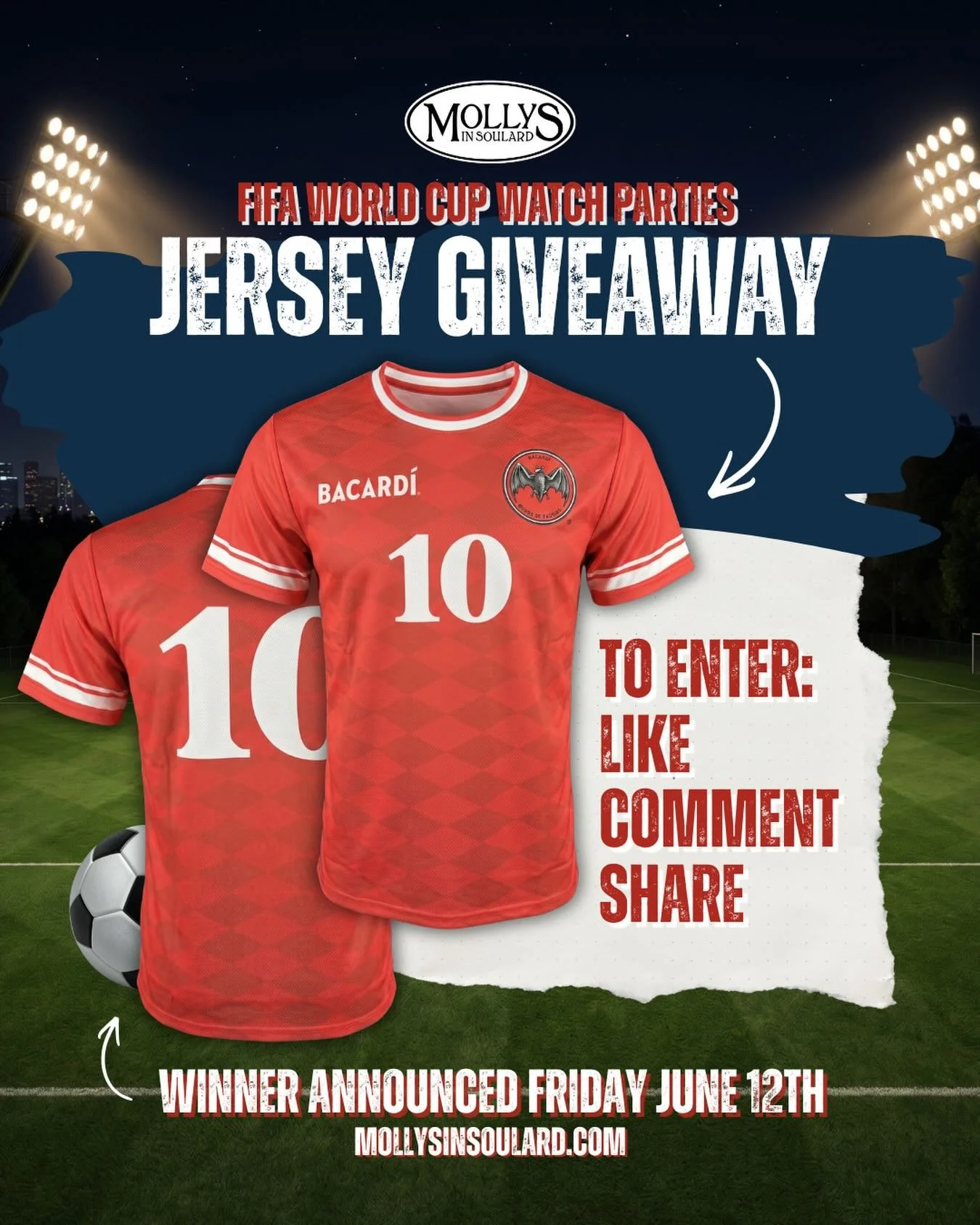 In honor of our first World Cup watch party, we&rsquo;re doing a jersey giveaway! Multiple sizes available!

To enter:
✅ LIKE
✅ COMMENT
✅ SHARE

⚽️ WINNER ANNOUNCED FRIDAY JUNE 12th ⚽️

Click the link in our bio for watch party dates! Mexico vs South