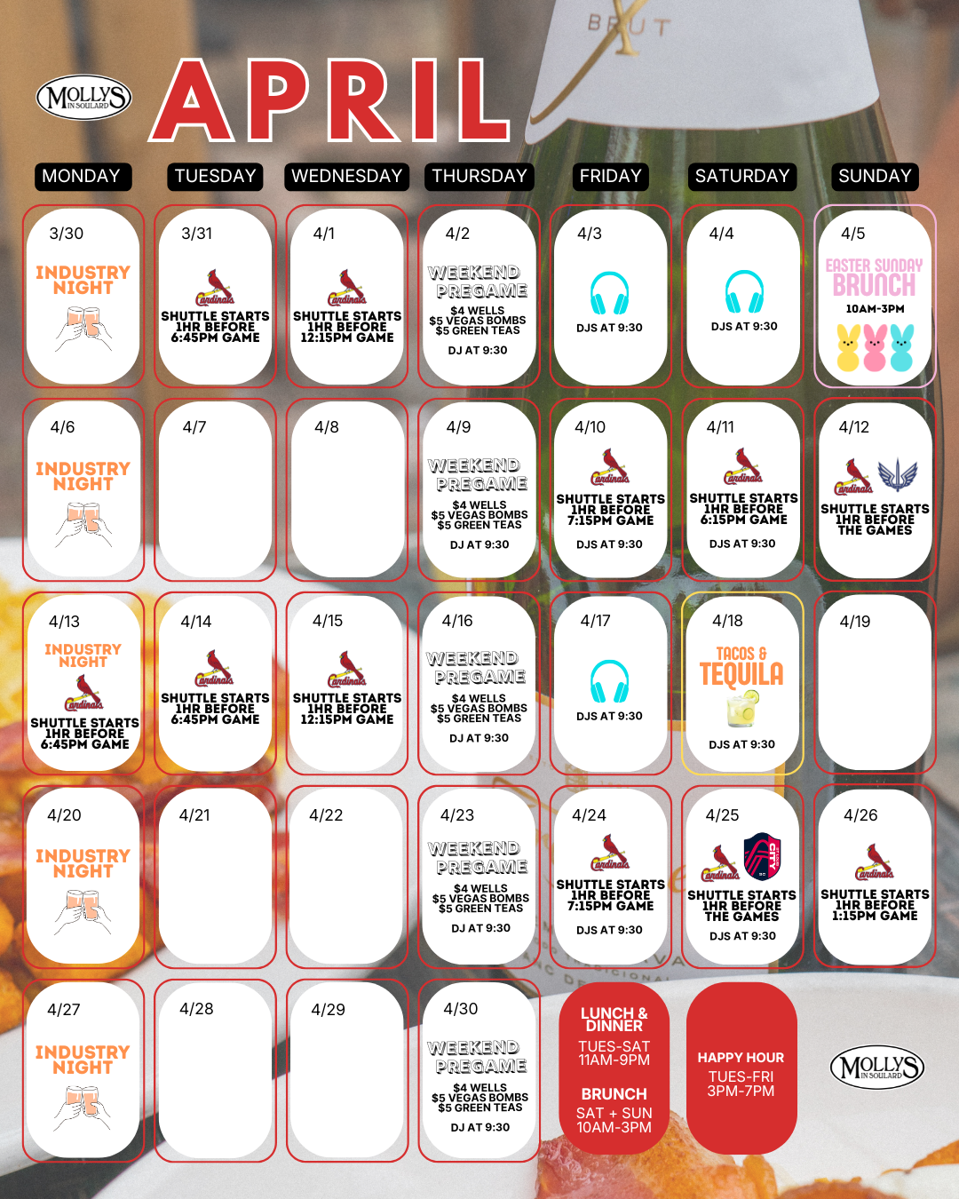 April Calendar for Molly's in Soulard