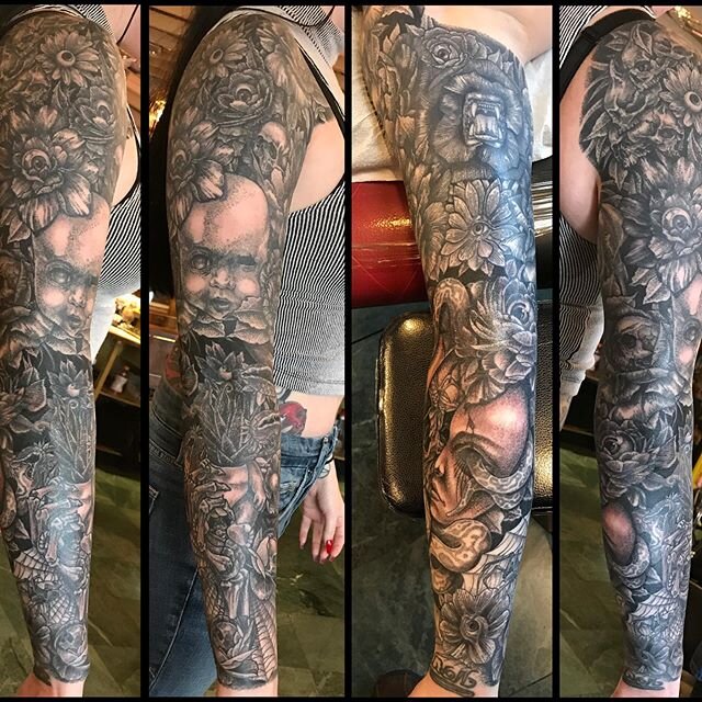Finished this very dark themed sleeve this weekend on one of my favorite clients&hellip; thanks Sarah&hellip; looking forward to the next&hellip; and thanks to @rayjtattoo for the video assist &hellip; #artbydark #tattoosbydark #blackwork #dotsandlin