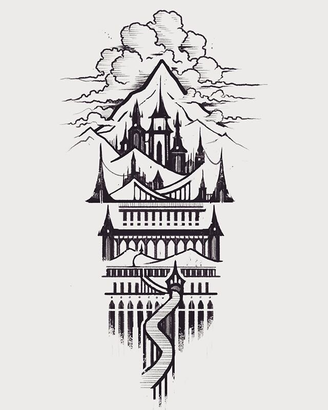 Hall of the Mountain King. 
Available design for when the world resumes its turn. 
#bodyelectrictattoo #castle #castles #castletattoo #castledesign #hallofthemountainking #blackworkers #blackwork