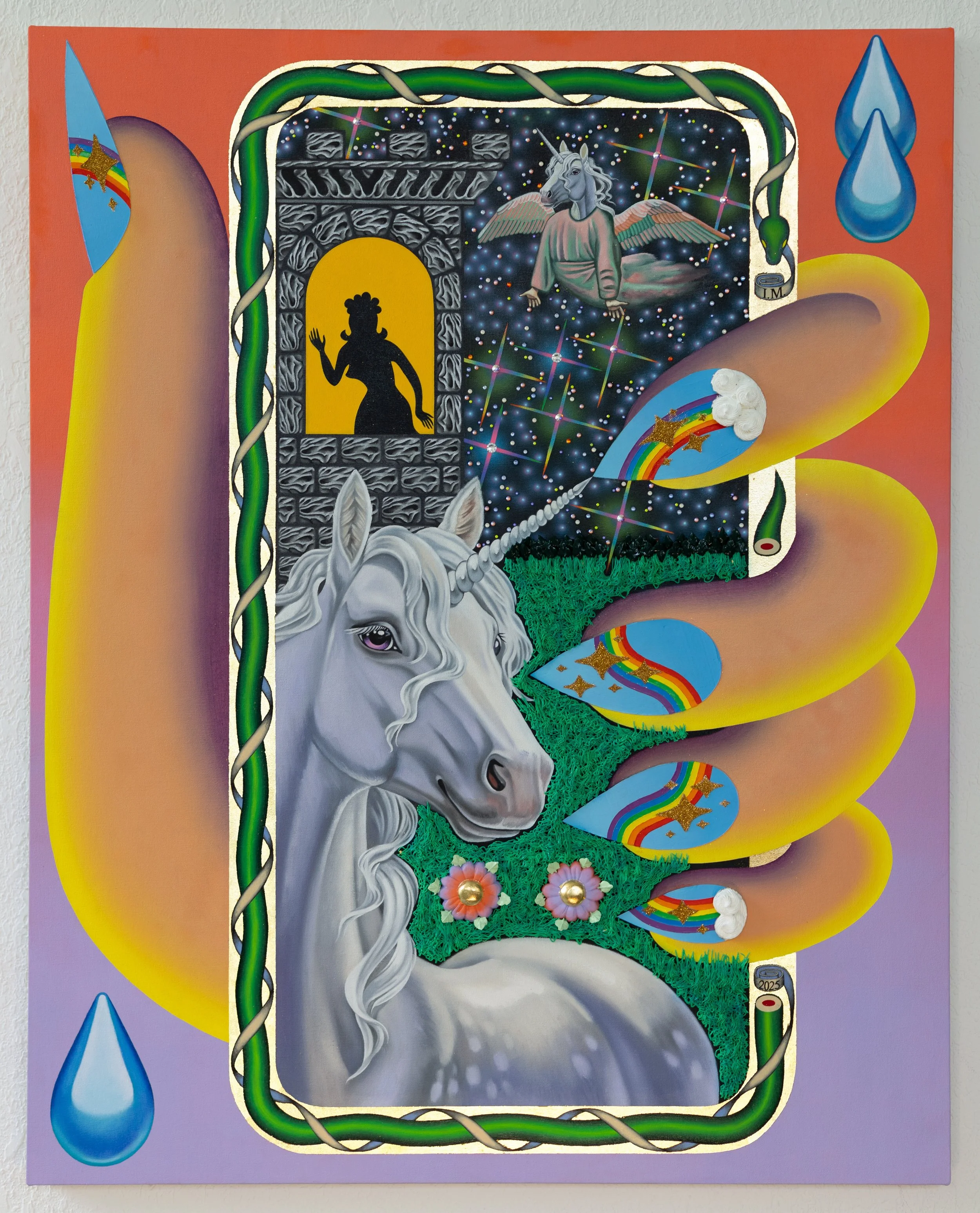 Unicorn Painting , oil, acrylic, gold leaf, Swarovski crystals, glitter, and plaster relief on canvas stretched panel, 50 × 40 × 2.25 inches, 2025.
