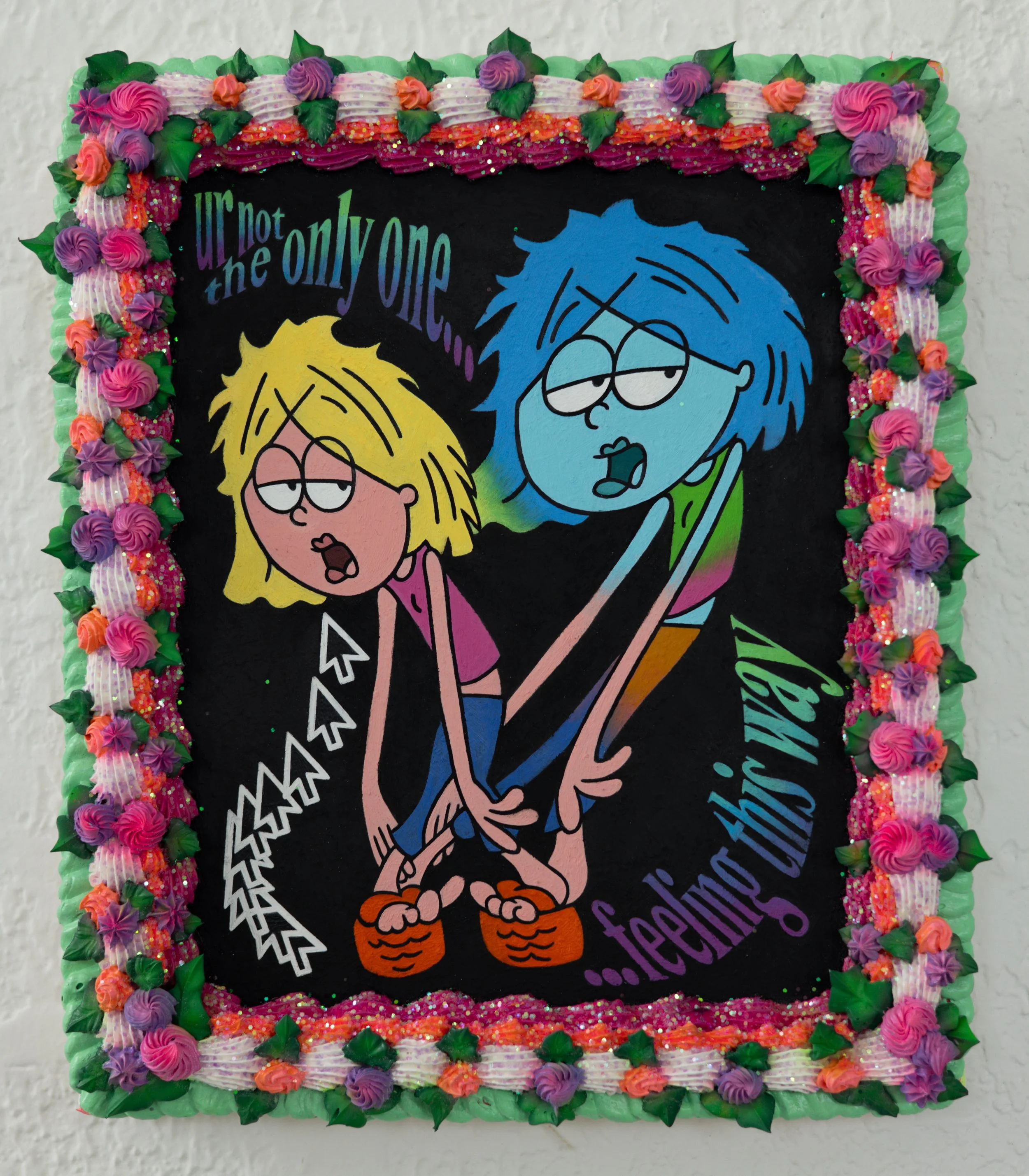 Lizzie Cake (ur not the only one feeling this way) , oil, acrylic and glitter on canvas stretched panel, 11 x 9.5 x 1.5 inches, 2025.