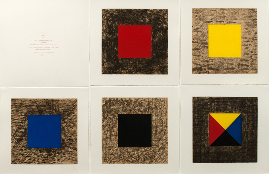 Pat Steir. Drawing Lesson Part 2, color, 1978. Portfolio of five color sugar lift and spit bite. Aquatints with Aquatint and drypoint, sheet: 15 1/2 x 15 1/2 inches each; image: 11 3/4 x 11 3/4 inches each. LeWitt Collection, Chester, CT. Photograph by RJ Phil. Courtesy of Crown Point Press and Cheim & Read, New York. 