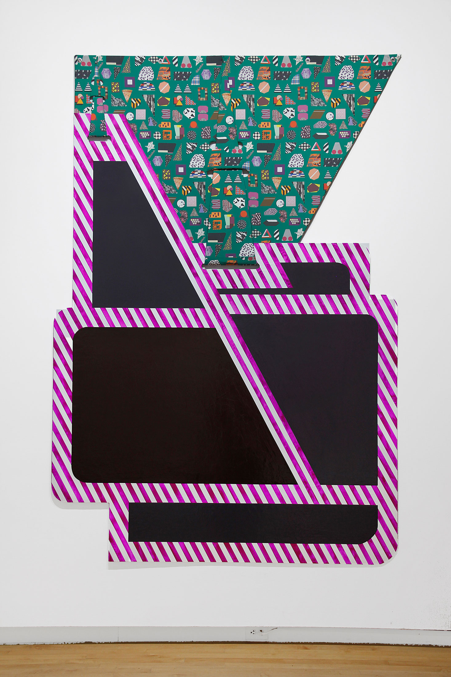 Ruth Root Untitled, 2015 Fabric, plexiglas, enamel paint, and spray paint 105 3/4 x 72 in (268.6 x 182.9 cm) © Ruth Root; Courtesy of the artist, Andrew Kreps Gallery, New York, and Luhring Augustine, New York