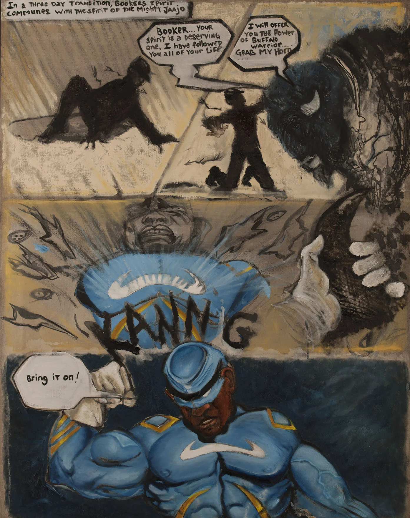 3rd panel of Origins of Buffalo Warrior (2016), ink and oil on linen, 48 x 58"