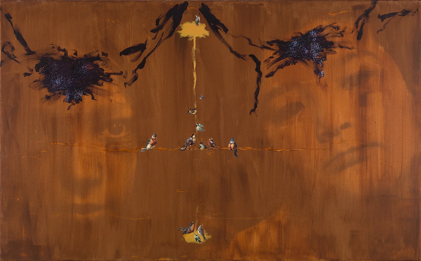 Intergalaktisch 8 , 2009, pigment print on canvas, acrylic, paper, glitter, 100 × 160 cm (39.37 × 62.99 in)© Jonny Star, Photo: Jens Bösenberg