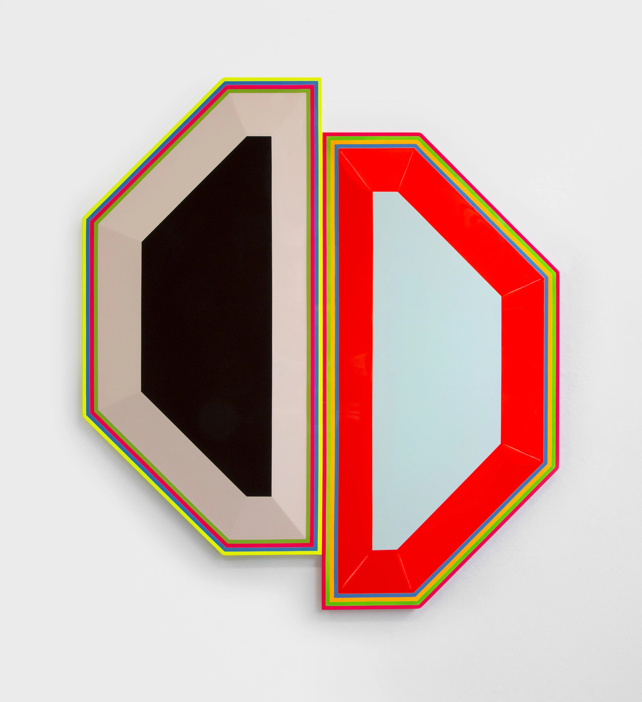Untitled (Split Pill / Alcoholism) , 2016, Urethane paint on wood, 67 x 60 x 2 inches, Kari and Nick Coburn Collection. Photo: PD Rearick