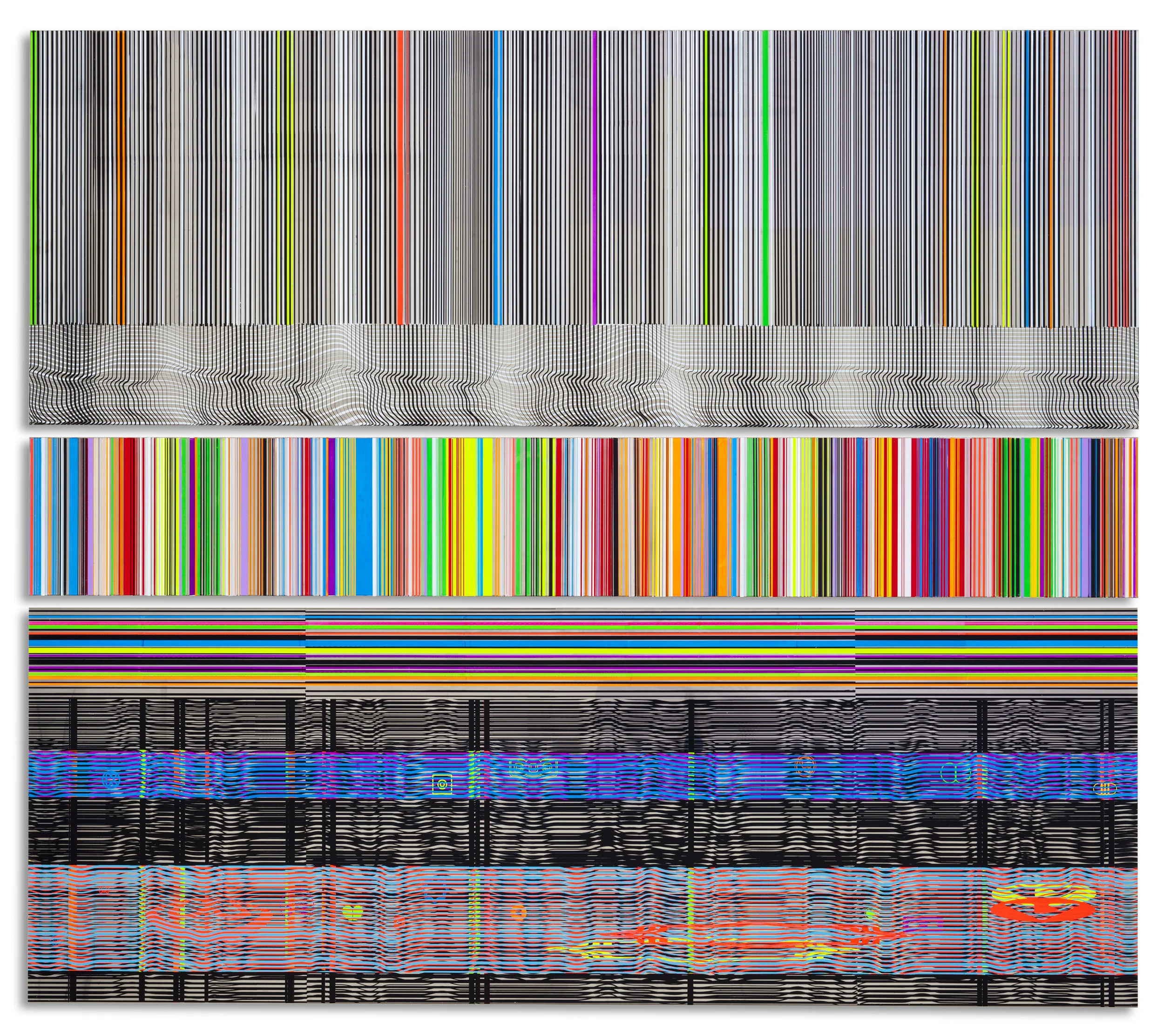 Dividose B.B.H.V. , 2011, 73 x 84 inches enamel on polished stainless steel, 3 panels, Collection: Eli and Edythe Broad Art Museum, East Lansing, MI. Photo: PD Rearick