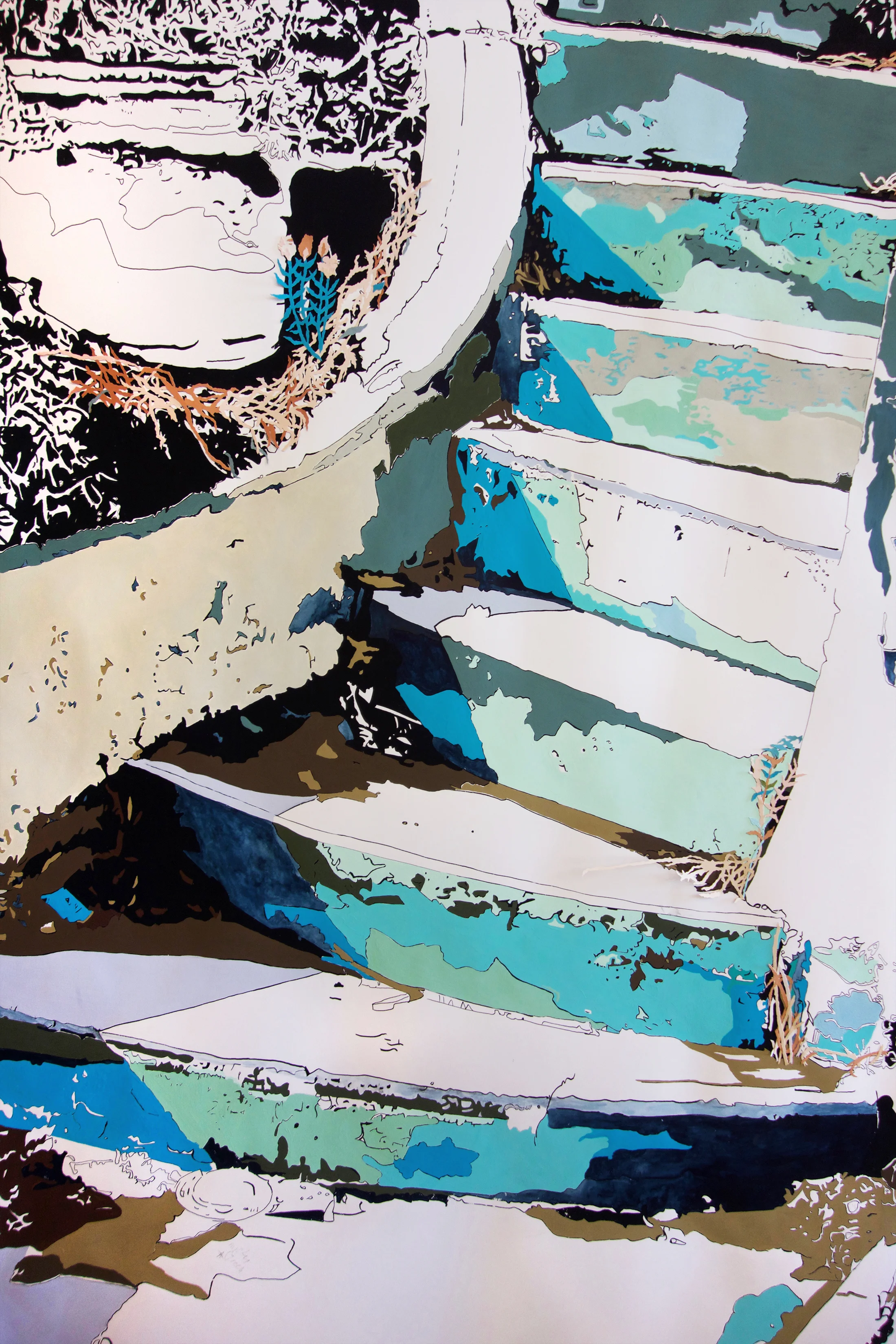 Unresolved Story ( detail), 2017, colored paper, watercolor and gouache on paper, 105 X 72 in.