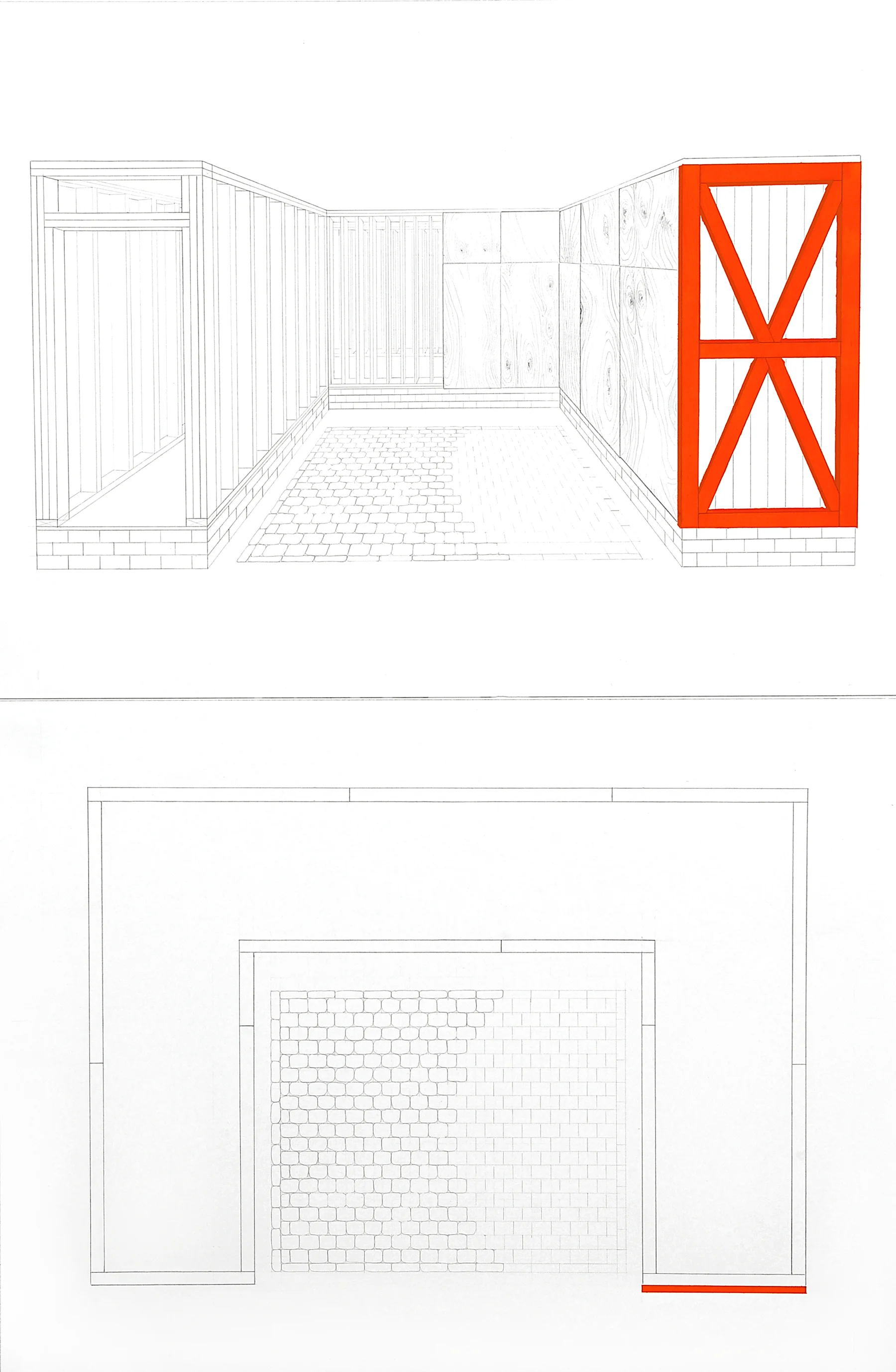 The Beginning and End with Brick Patio (in Progress) , 2014. Acrylic & gouache and pencil on watercolor paper (diptych), each paper 18 1/8" x 24".