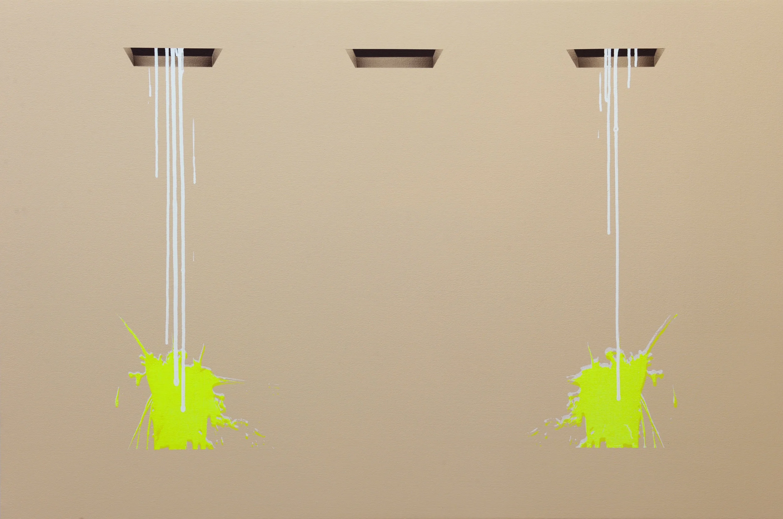 2 Drips, 3 Holes , 2015. Acrylic on canvas over panel, 32” x 48”.