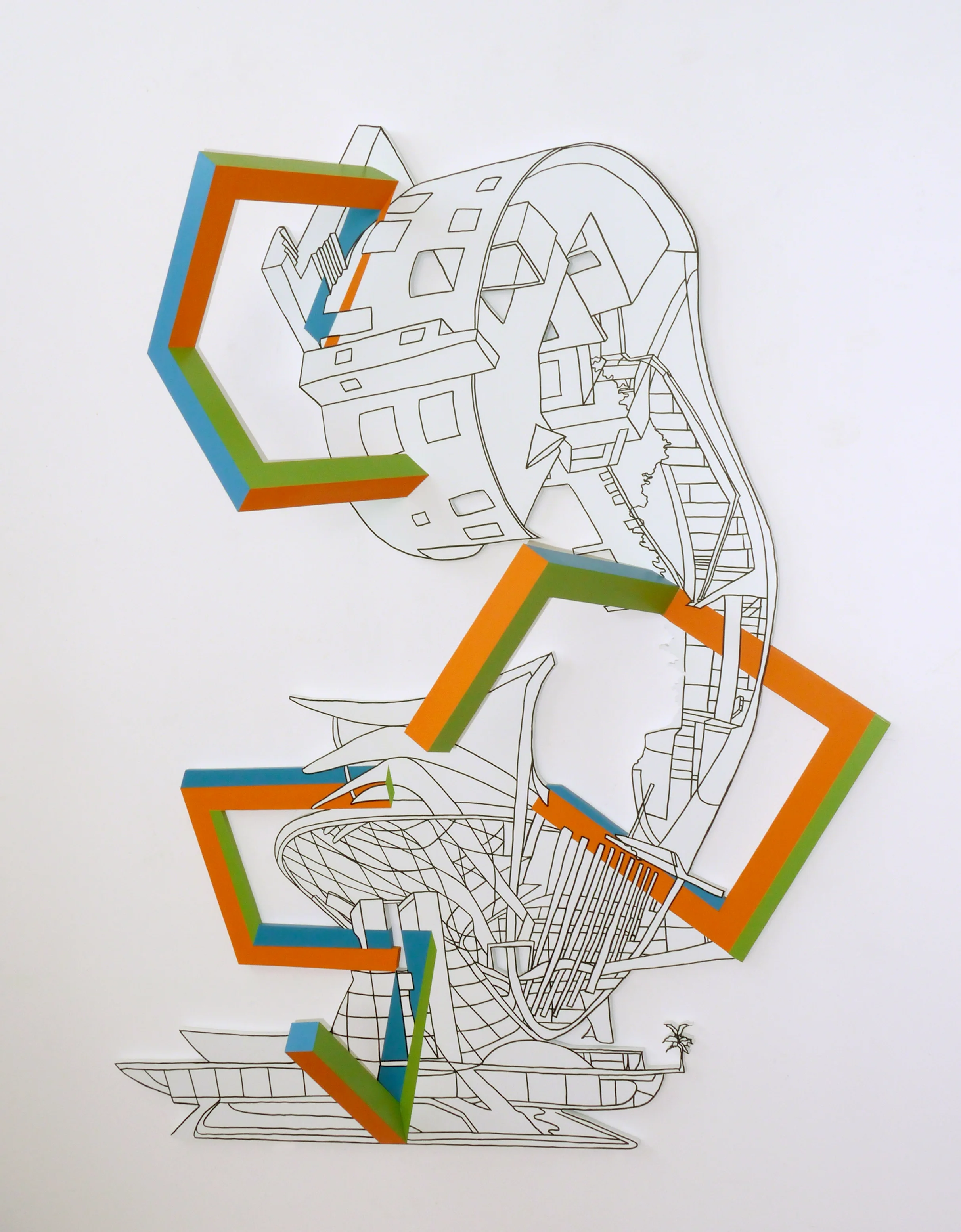 Kim Schoenstadt Block Plan Series: USA/Brazil combination 3 , 2015 Pen and paint on wood with dimensional objects 152.4 x 106.7 x 35.6 cm 60 x 42 x 14 in Photo: © Kim Schoenstadt Courtesy of Chimento Contemporary