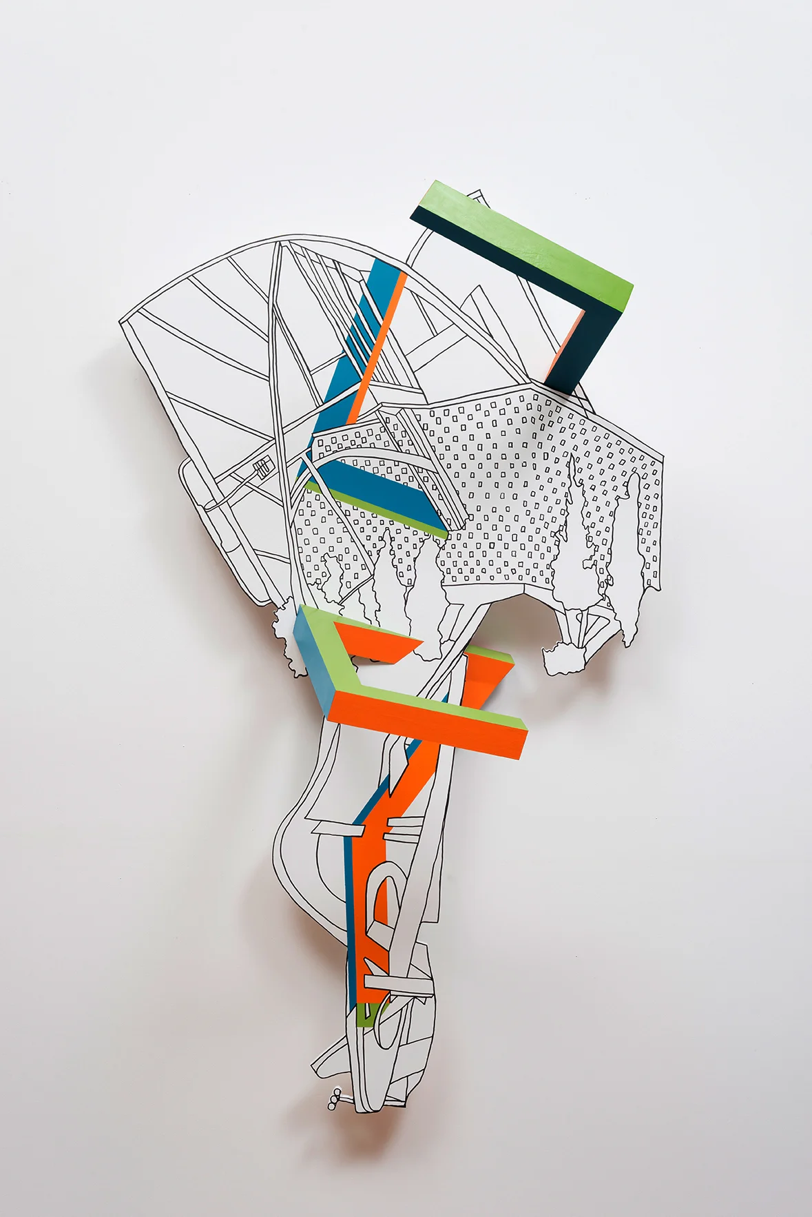 Kim Schoenstadt Block Plan Series: USA/Brazil combination 1 , 2015 Pen and paint on wood with dimensional objects 143.5 x 88.9 x 44.5 cm 56 1/2 x 35 x 17 1/2 in Photo: © Kim Schoenstadt Courtesy of Chimento Contemporary