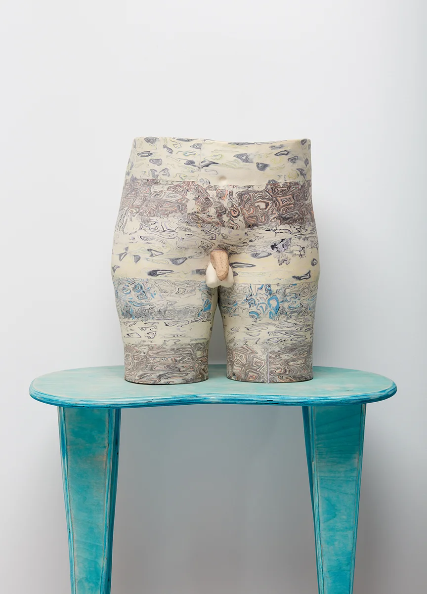 Alice Lang Better Half #5 , 2018 Marbled porcelain, lava glaze, ply and wood dye 105.4 x 63.5 x 41.9 cm 41 1/2 x 25 x 16 1/2 in Photo: © Alice Lang Courtesy of Over the Influence