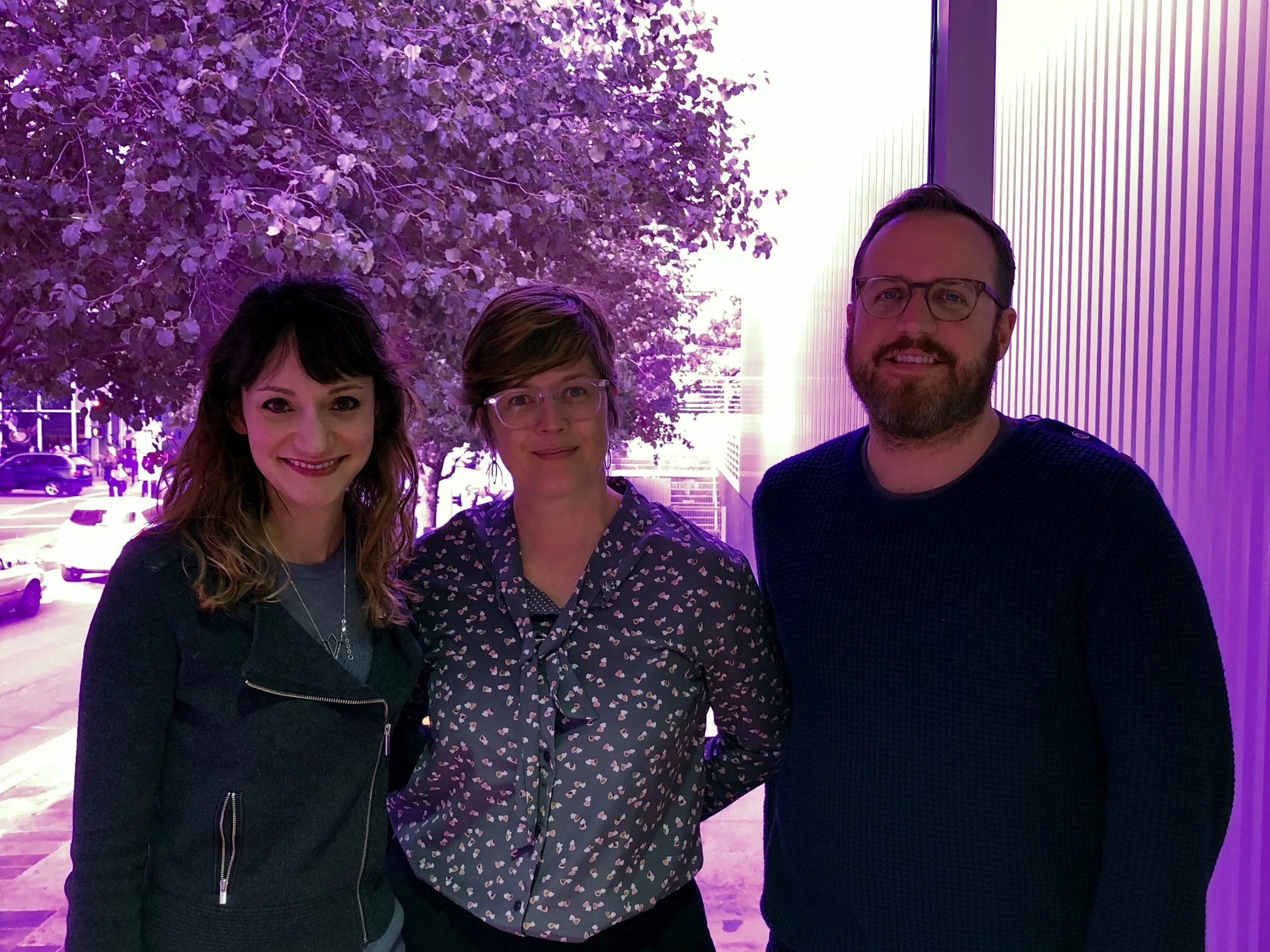 Bay Area Now 8 is curated by YBCA Director of Visual Arts Lucía Sanromán (center) and Associate Curator of Visual Arts Susie Kantor (left), while the architecture and design portion is curated by Associate Director of Public Programs Martin Strickland (right). Sanromán, Kantor, and Strickland in exhibiting artist Sadie Barnette ’s installation at Yerba Buena Center for the Arts, 2018. Courtesy of Yerba Buena Center for the Arts. Photo by Harley Wong.