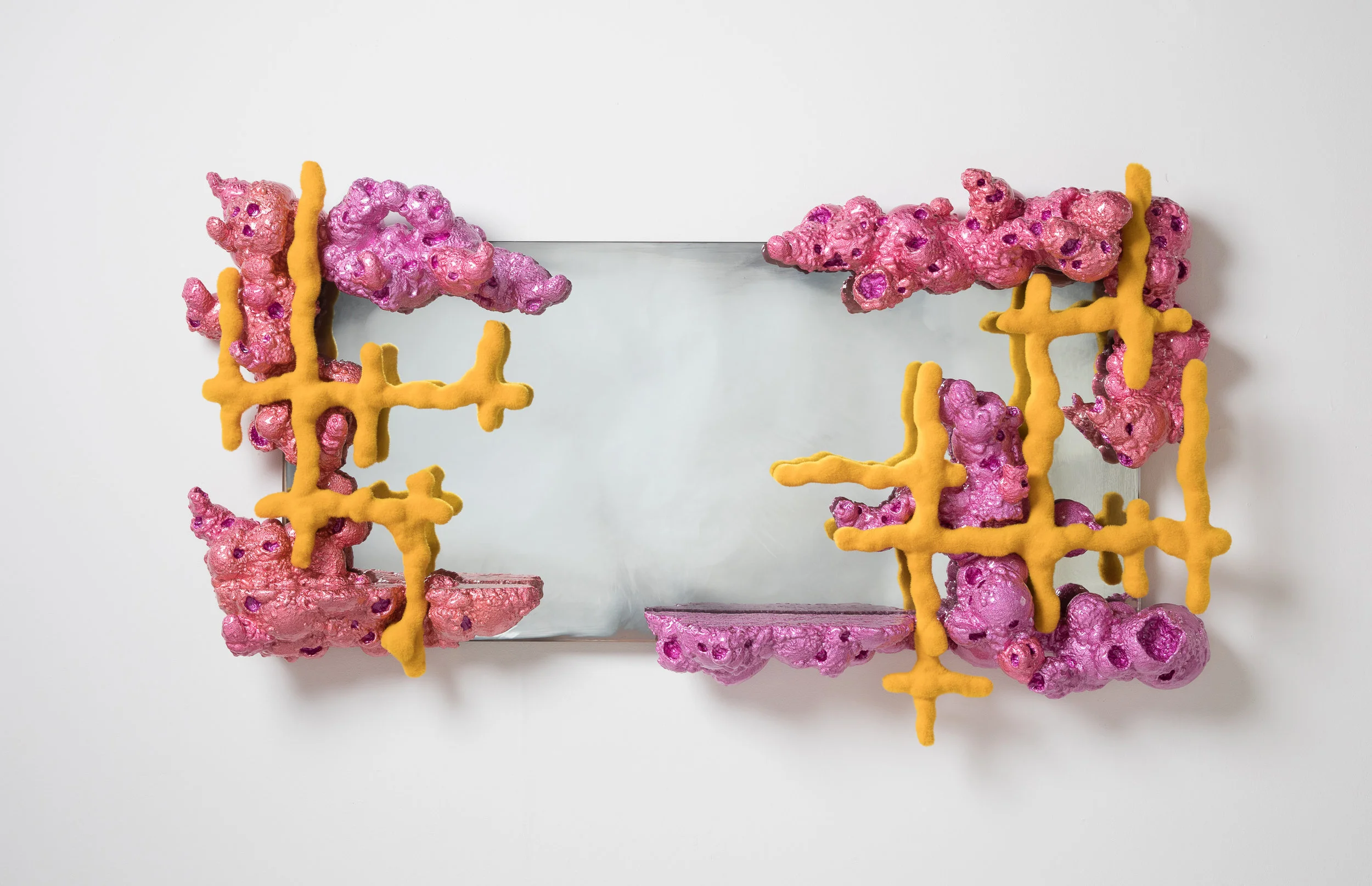 Bloom, 2018 80 x 36 x 9 inches Steel, polystyrene, aluminum, resin, nylon fiber, and mirror glass