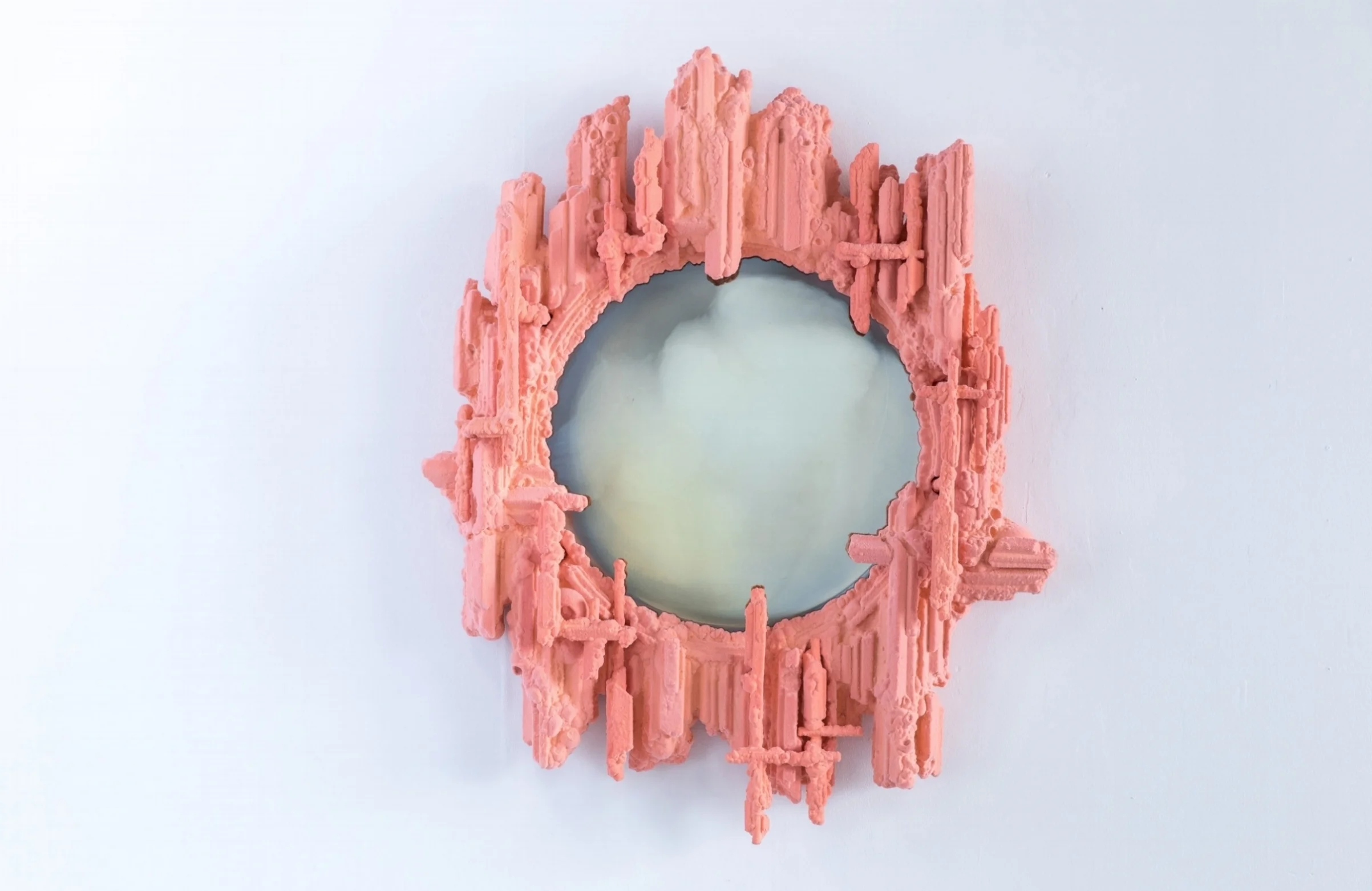 Blush , 2018 47 x 41 x 8 inches Steel, polystyrene, resin, nylon fiber, and mirror glass