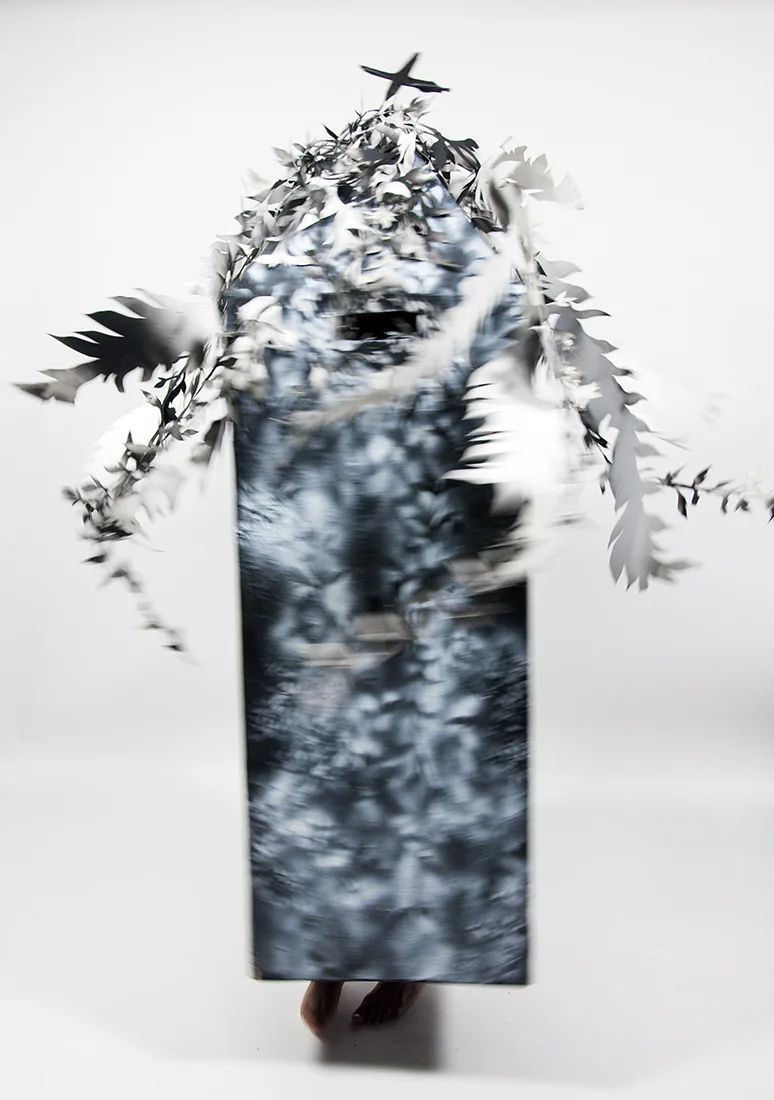 Real Fun 2, 2016, two pieces from a collaboration with Robert Penn for the MIC/A Benefit Fashion Show, hand-cut paper, paper mâché, spray paint