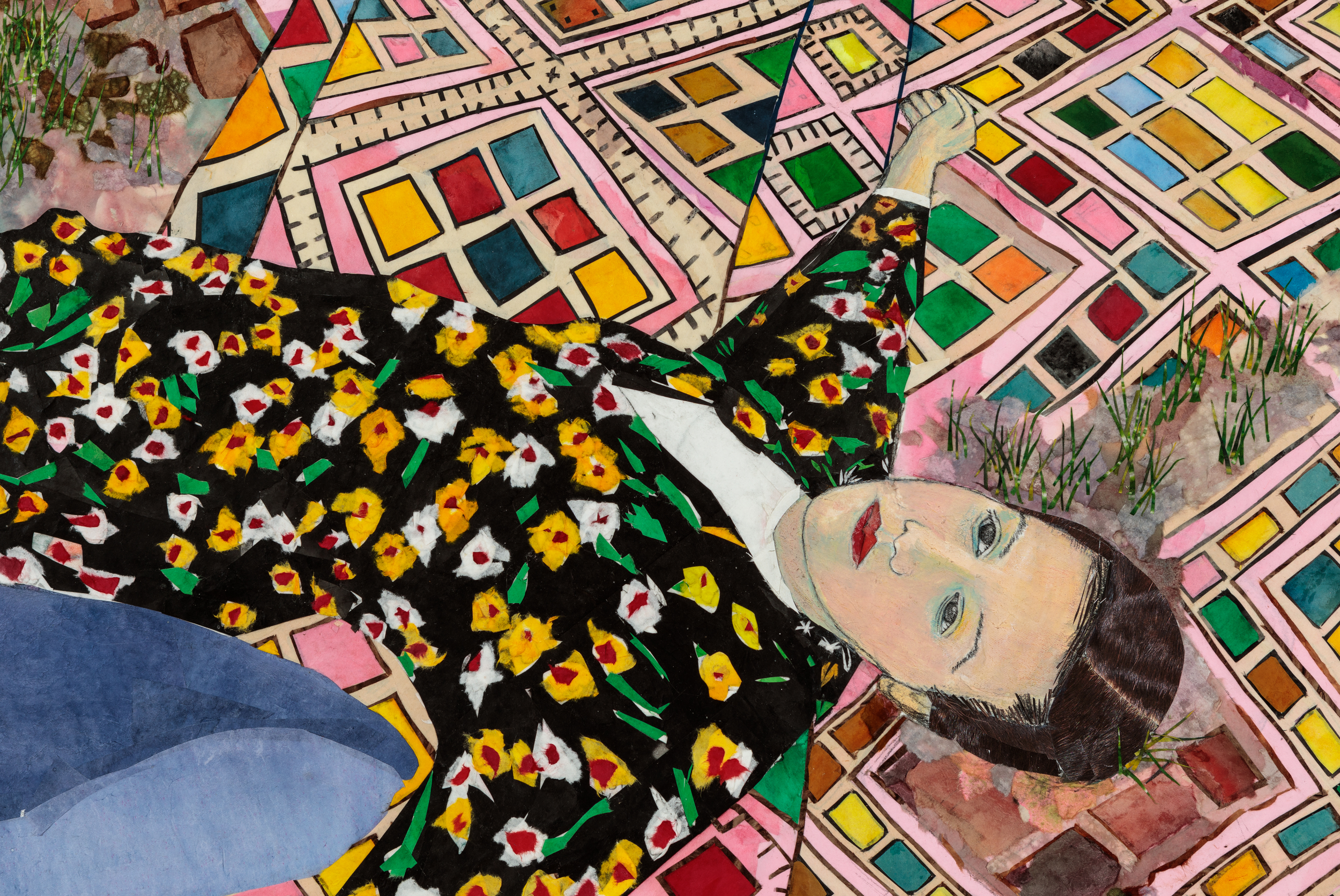 María Berrío, The Dream of Flight (detail), 2019, collage with Japanese paper and watercolor paint, 60 x 72 inches. Courtesy the artist and Kohn Gallery.
