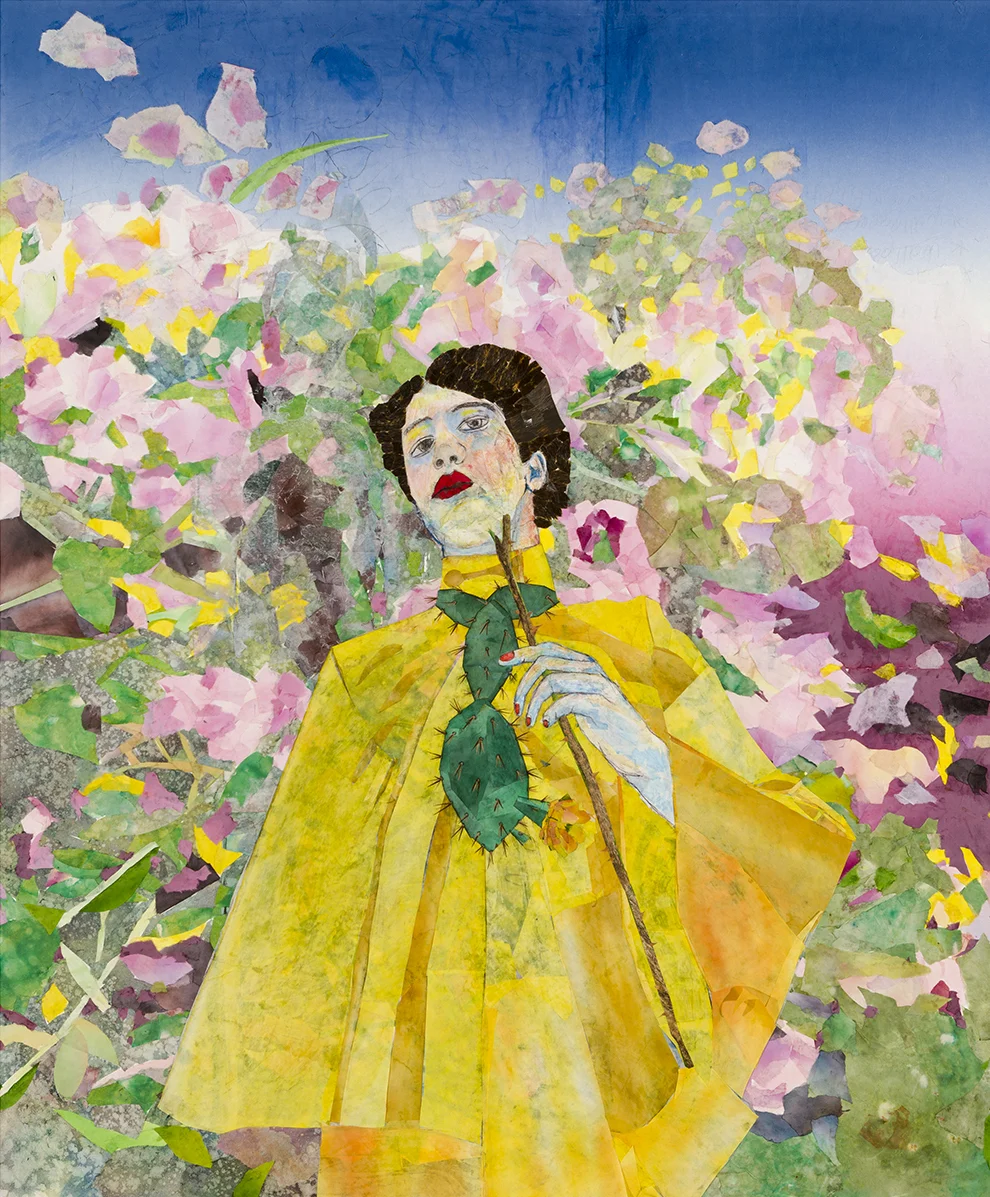 María Berrío, A Universe of On e, 2018, collage with Japanese paper and watercolor paint on canvas, 72 x 60 inches. Courtesy the artist and Kohn Gallery.