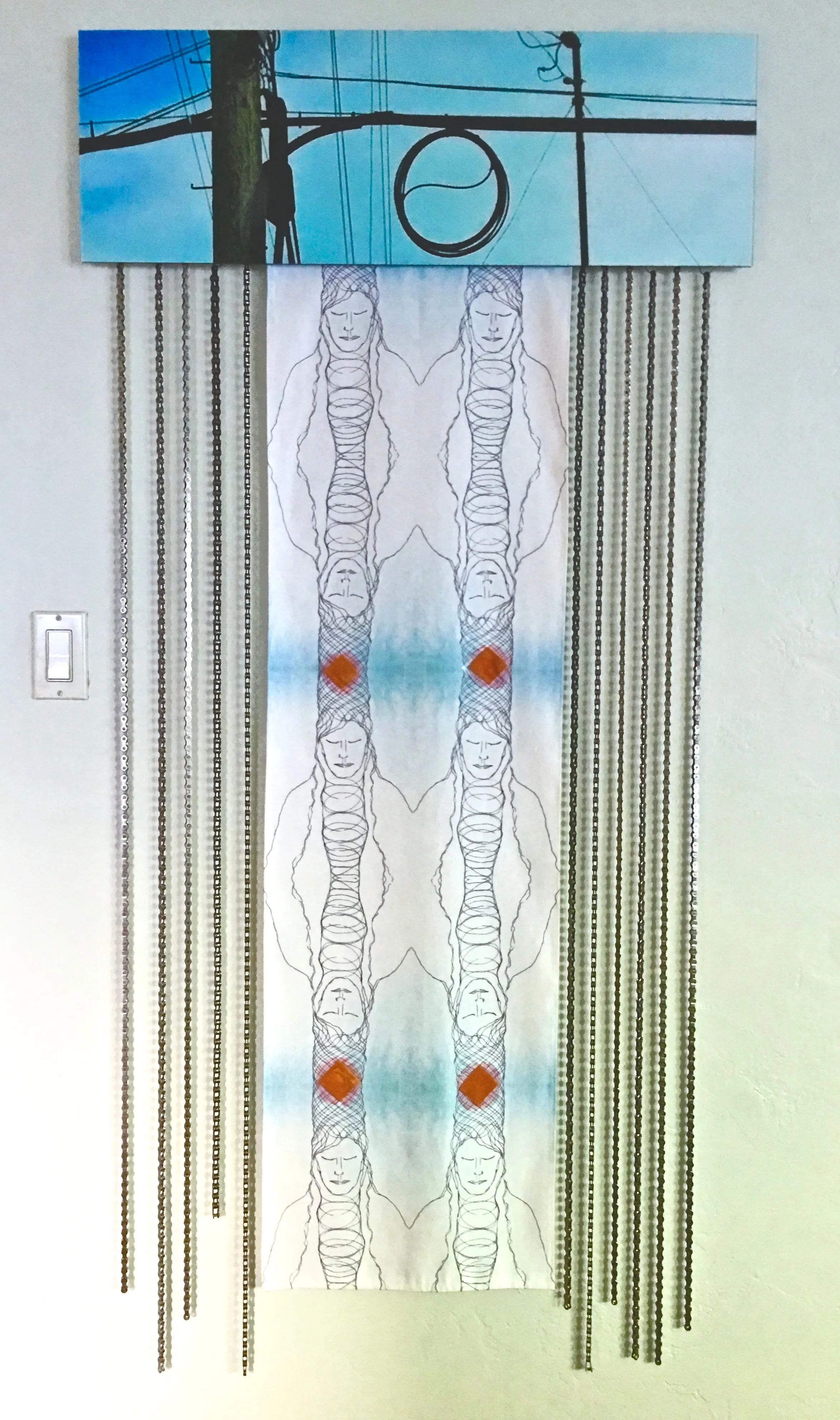 'URBAN ENERGY MEDITATION' Combines my 'YIN / YANG OVERHEAD CABLES' photo (printed on acrylic) with my energy meditation woman sketch (printed on faux suede fabric) and along side are recycled bike chains. 33" x 64"