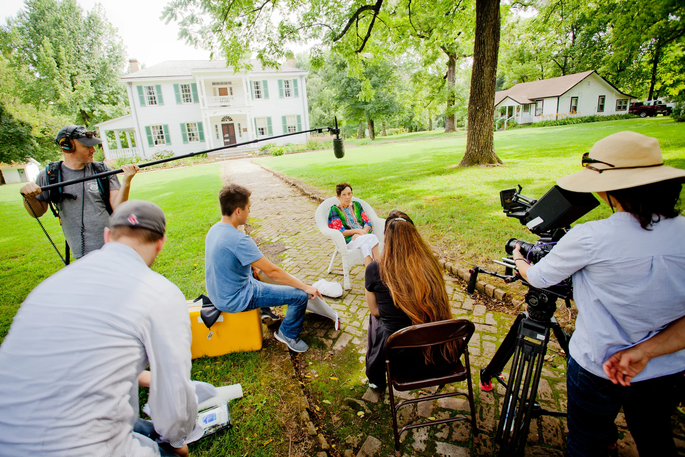 On location at the Murrell Home in Oklahoma, the Mankiller Documentary crew interviews Virginia Carey, a Cherokee elder