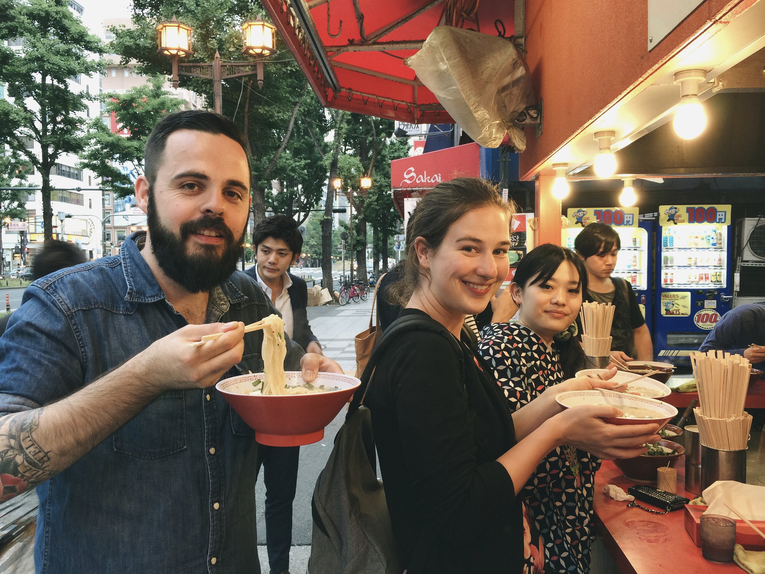 having a delicious ramen at 5:30 am in Osaka with Kim from Belgium and our friends from Japan.