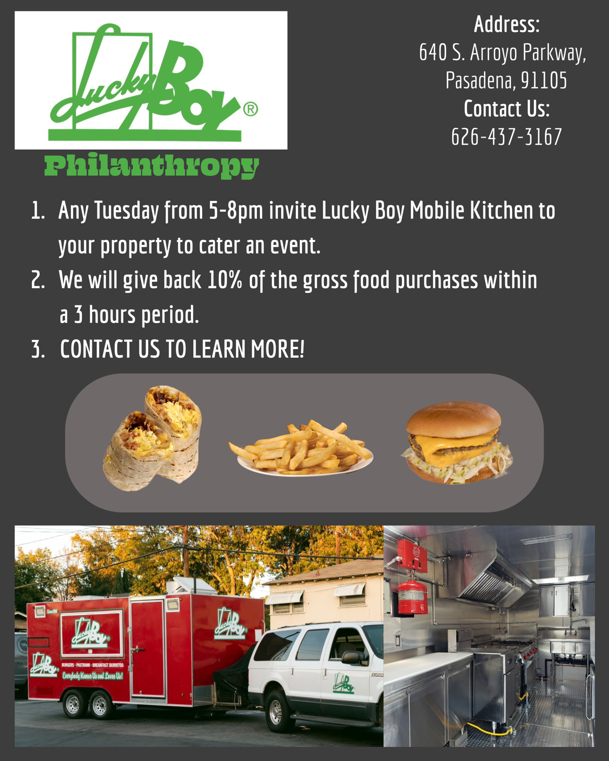 Lucky Boy Philanthropy, flyer of the Lucky boy Mobile Kitchen for catering and philanthropic events.