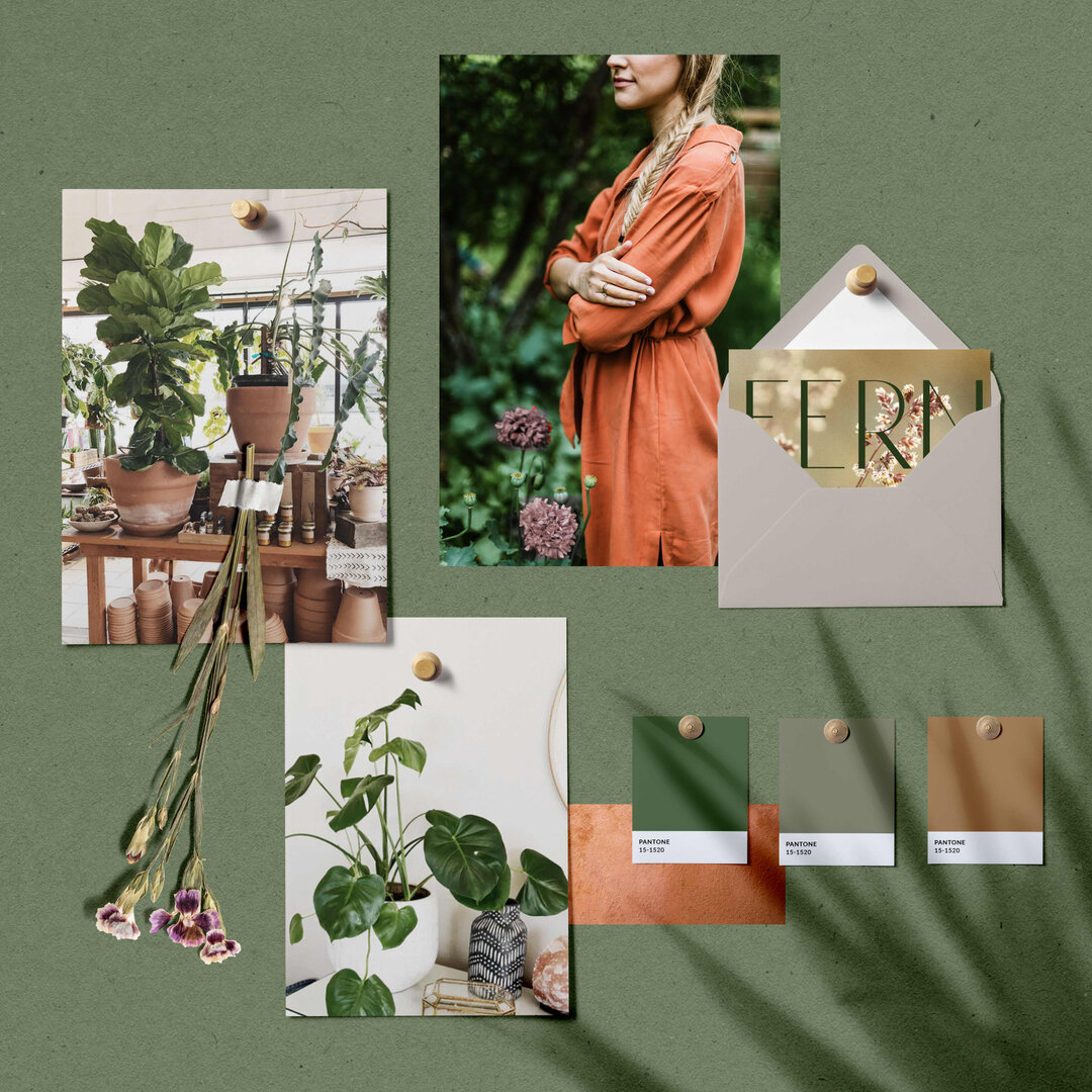 🪴 CLIENT MOOD MONDAY : FERN 🪴​​​​​​​​
Currently seeking clients 👀 looking for a rich, earthy branding and web design experience for their small business. Fern is layered in natural textures, deeper terracotta and &quot;foresty&quot; tones, and an 