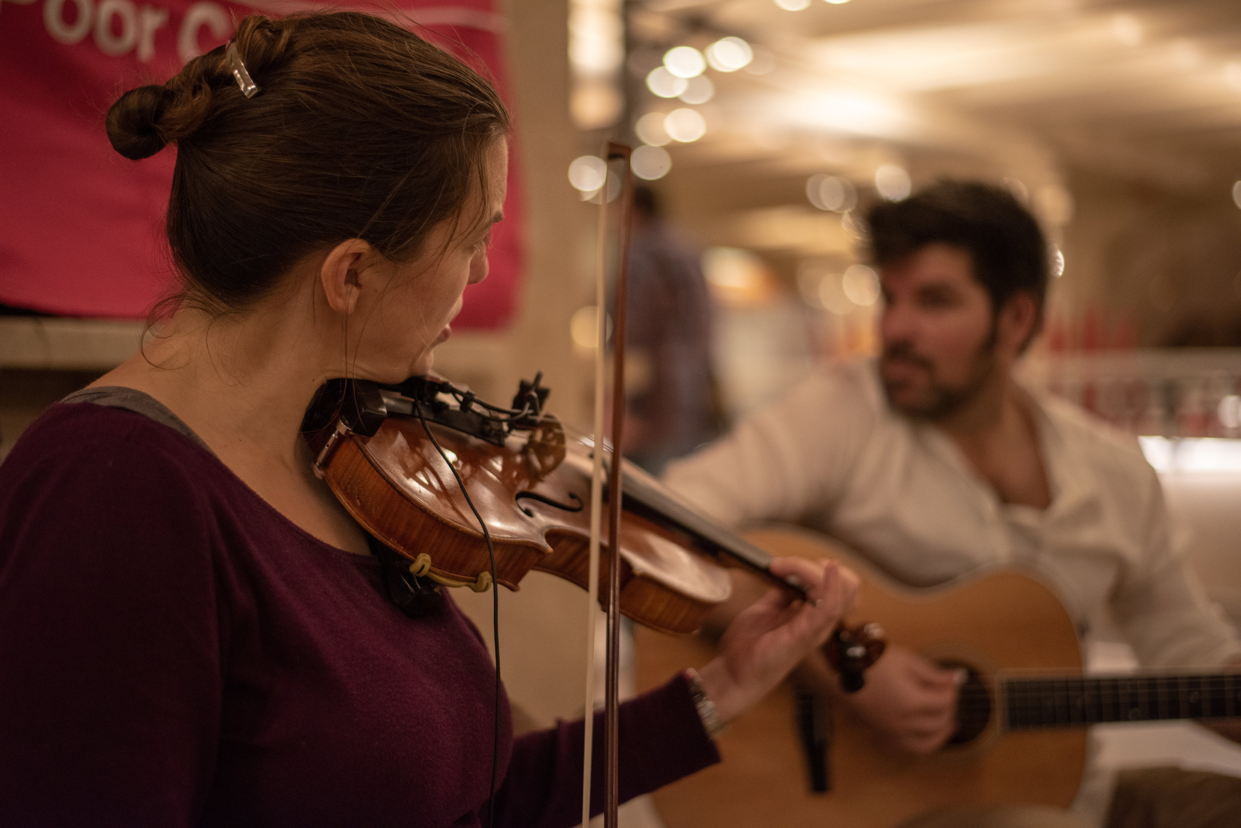 Wife Naomi, from Vermont, plays her fiddle.