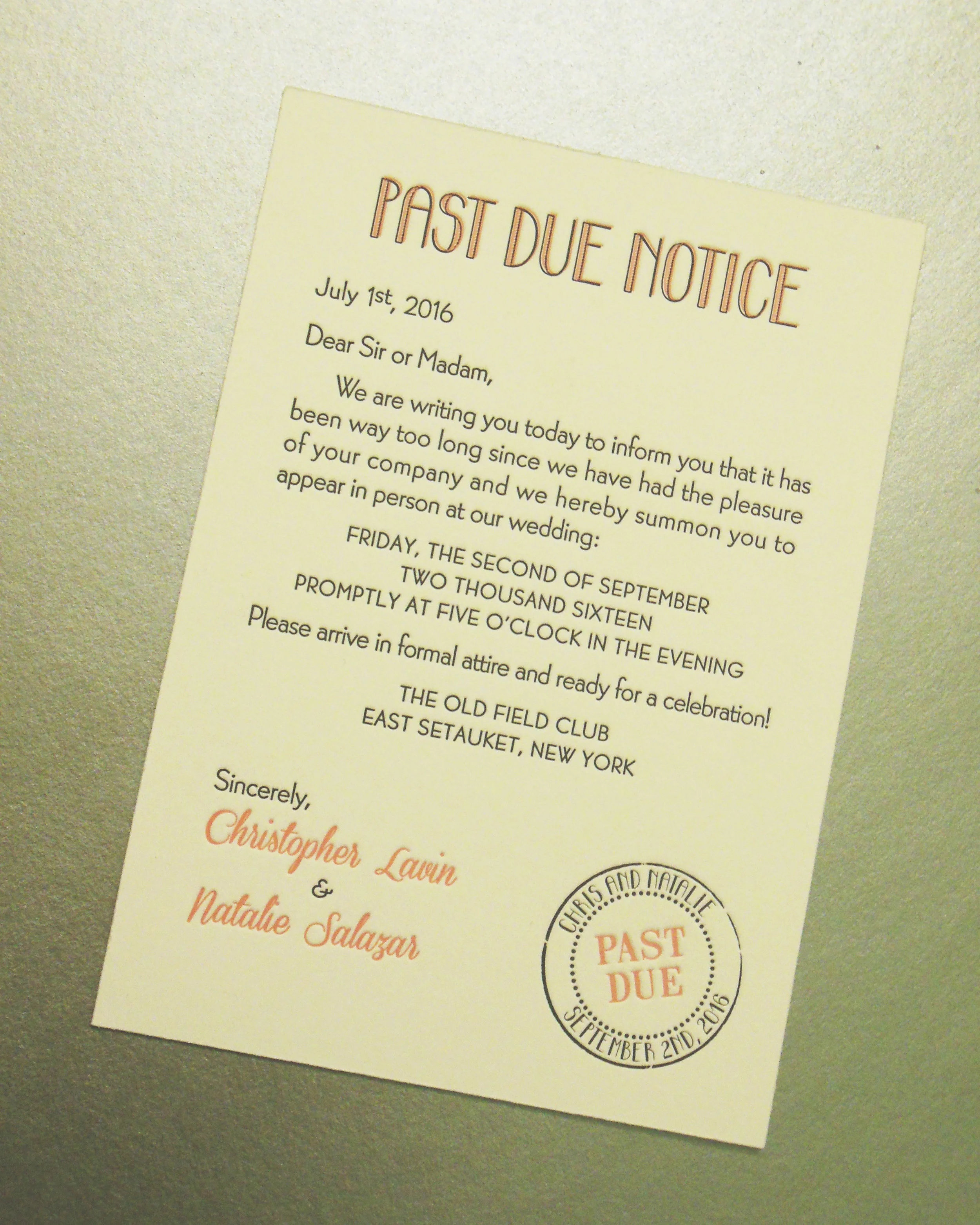 Past Due Notice wedding invites